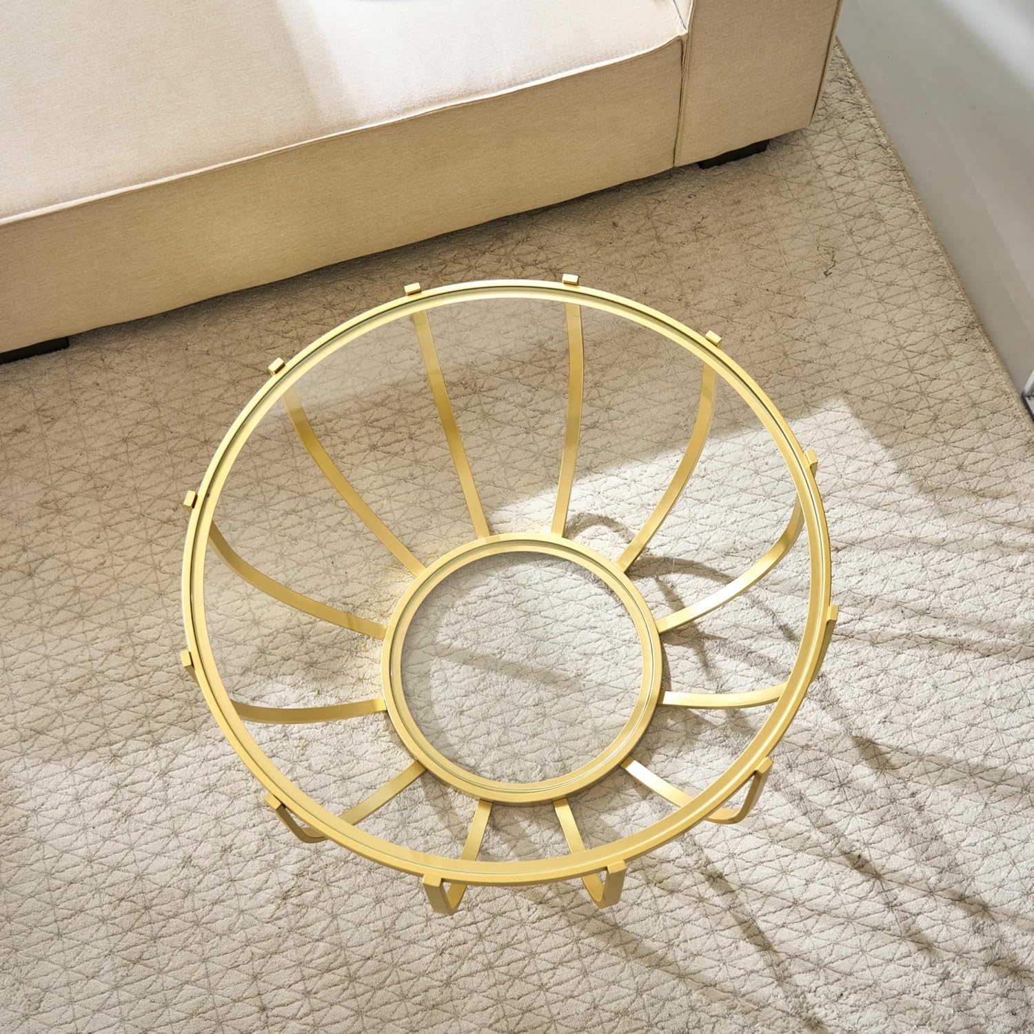 Saint Mossi Gold Drum Coffee Table for Living Room, Modern 2-Tier Glass Round Center Table, Clear Glass Top, Glass Shelf with Gold Finish Legs & Frame, W30xH16.5