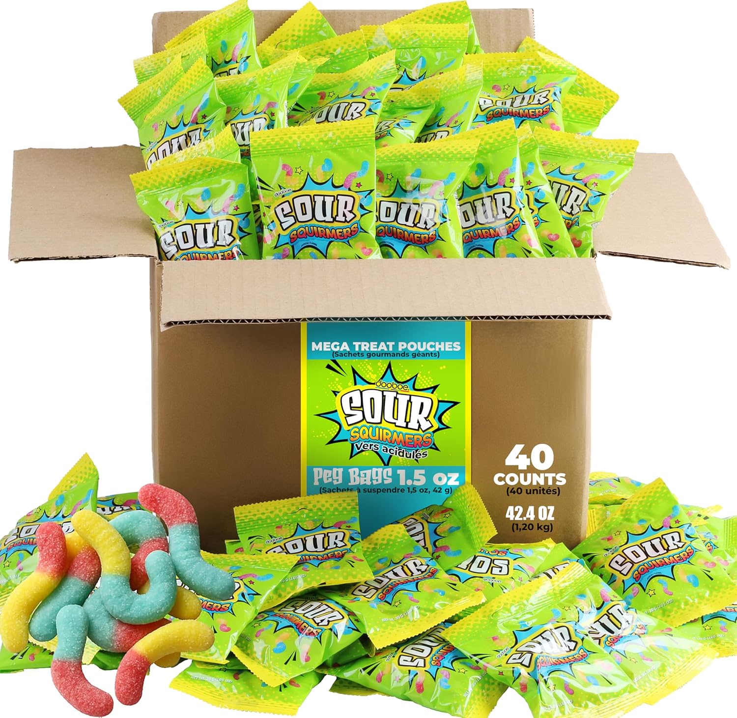 Dooboe Full Size Sour Gummy Worms Bulk Pack - 40 Packs (30 Gram Peg Bags) - Sour Squirmers Individually Wrapped for Kids and Adults, Parties, School, Pinata