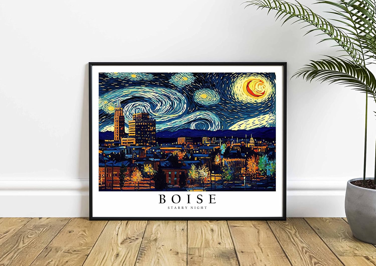 Boston Black Framed Art Print Poster, Van Gogh Starry Night Theme Wall art Painting Decor, Art Home Skyline Artwork For Bedroom, Bathroom, Living Room 51 (Boston, 14"L x 11"W, Black Frame) image 2