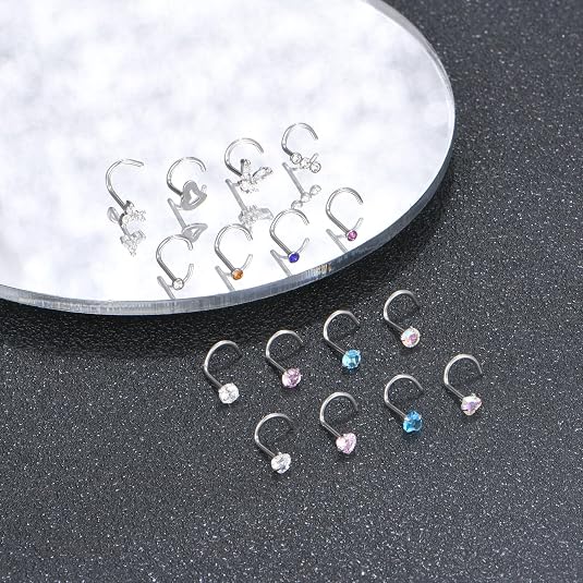 Diamday 20PCS 20G Nez Anneaux Pendentif Piercing Nez Anneaux pour Femmes Acier Chirurgical L Forme Nez Stud CZ Cœur Étoile Fleur Nez Anneaux Hypoallergénique Septum Nostril Nose Piercing Bijoux