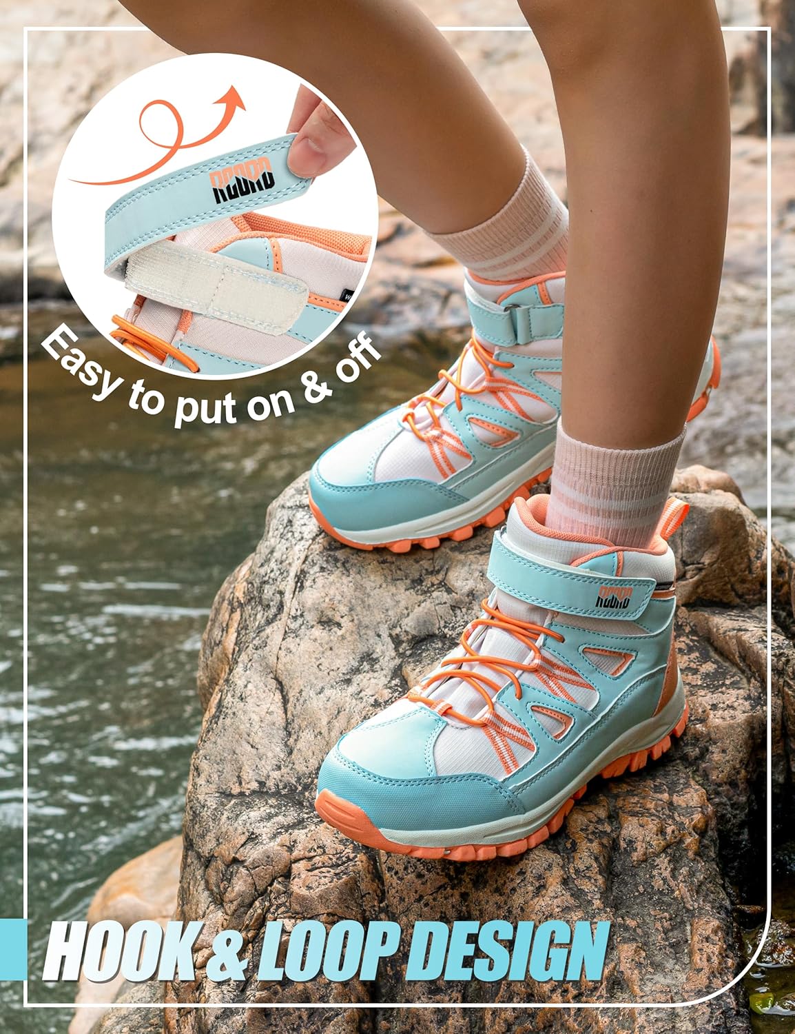 R CORD Girls Hiking Boots Waterproof Durable Kids Hiking Boots TPR Traction Hook&Loop Closure Girls Hiking Boots Anti-Skid Athletic Outdoor Boots