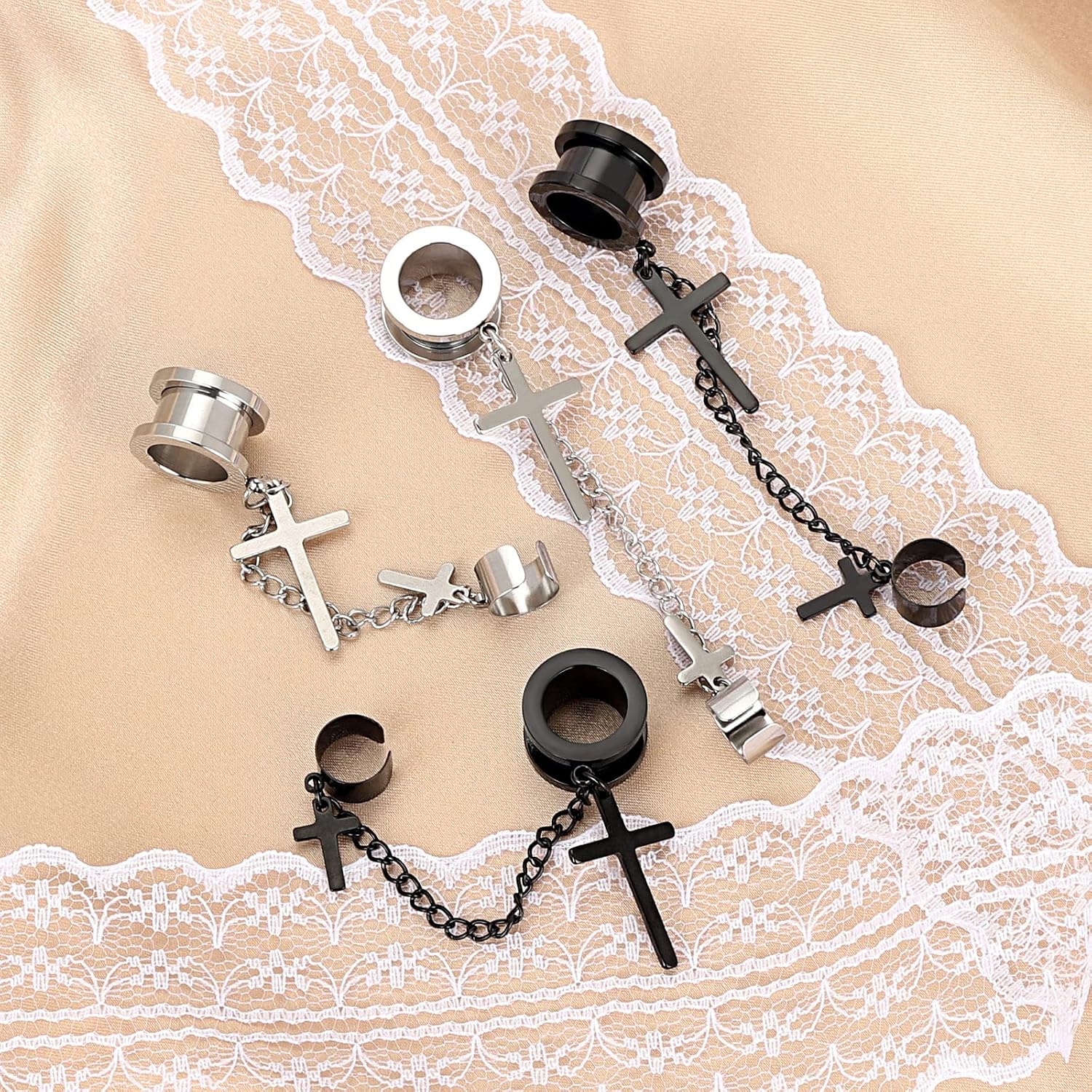 Longbeauty 2 Pairs Surgical Steel Dangle Cross Ear Tunnels Fashion Ear Gauges Plugs Expander Stretchers Piercings Black & Silver 2g-5/8