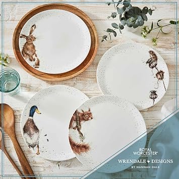 Royal Worcester x Wrendale Designs Set of 4 White Coupe Plates - Fine Bone China Dinner Plates Featuring Charming Animal Characters, Beautifully Illustrated by Artist Hannah Dale, 26.6cm