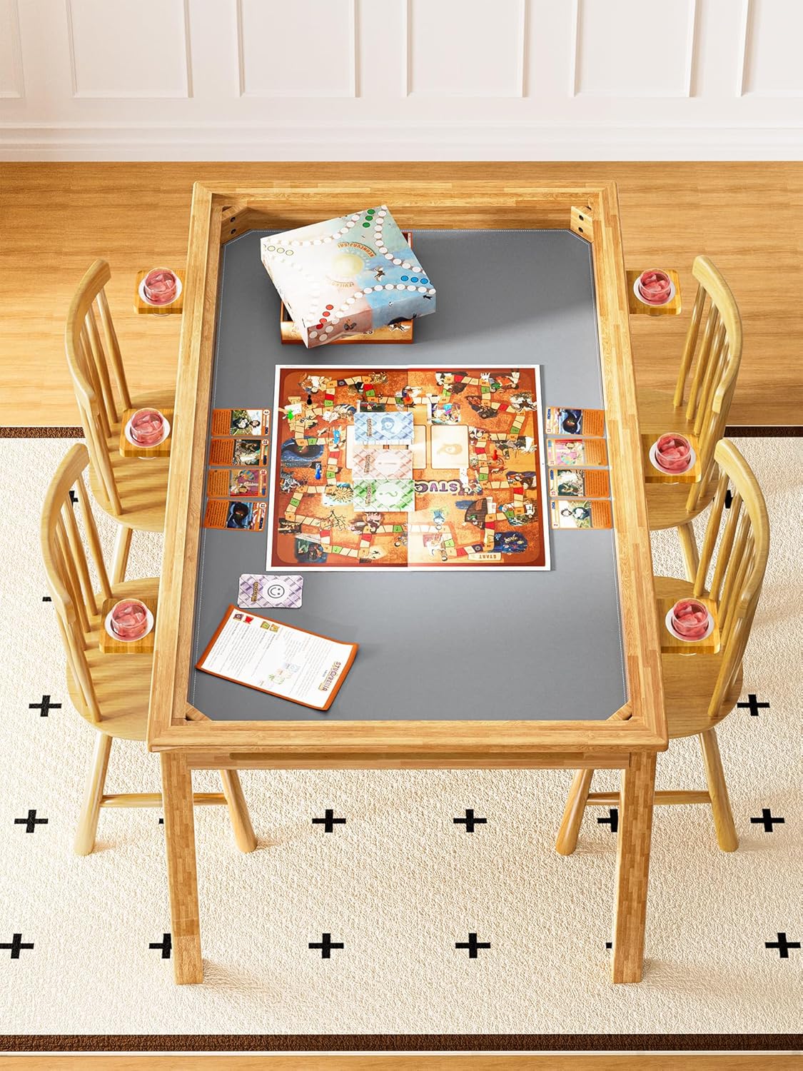 Board Game Table with Removable Table Top, Solid Wood Dining/Gaming Table with 63in x 39in Play Area, Seats 4 to 6 Players, Includes Play Mat, Detachable Cup Holders and Dice Trays
