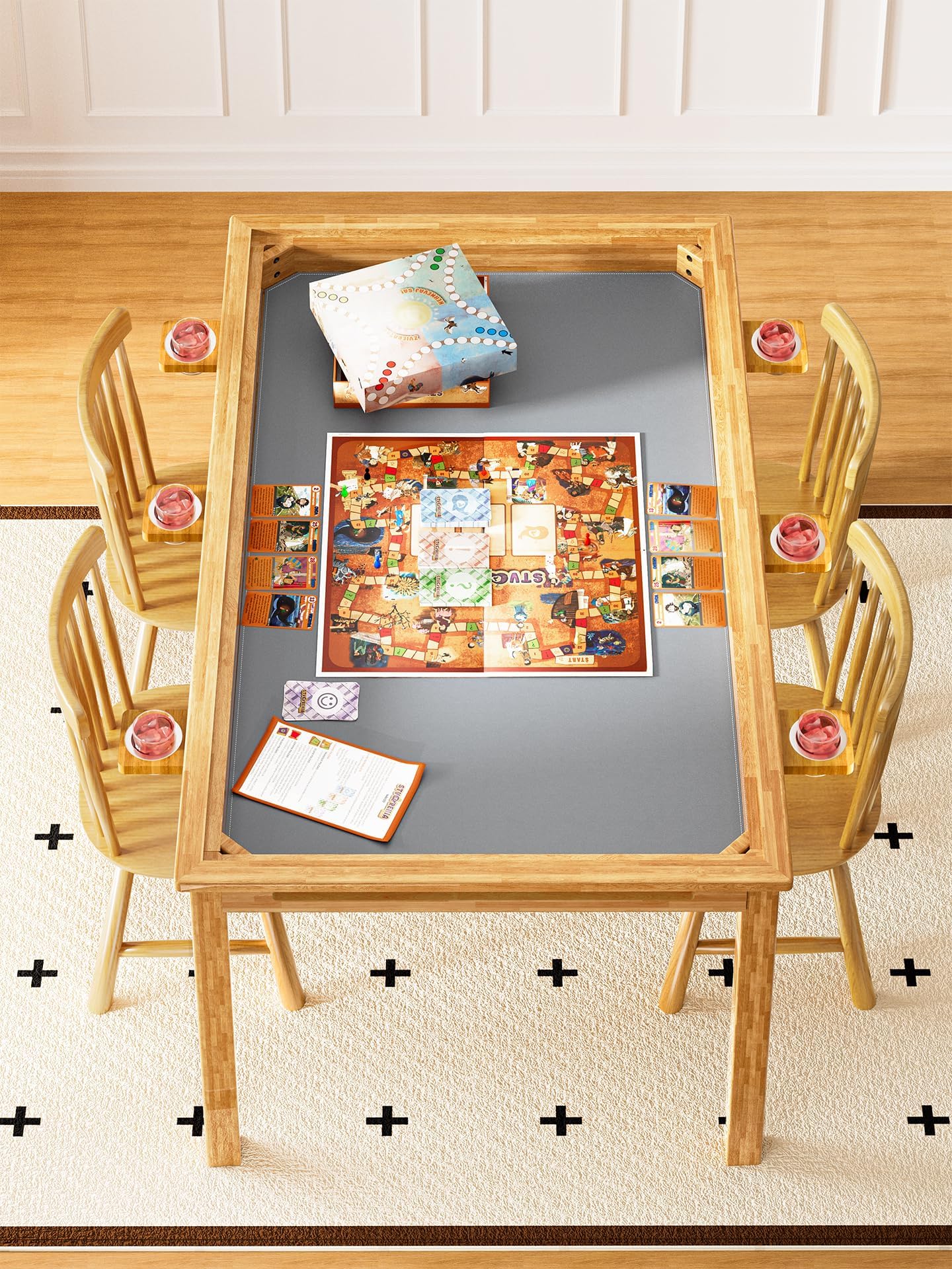 4 + 63"×39" Board Game Table, Dining Table for 4-6 Players & Solid Wood 2-in-1 Game, Removable Top, Play Mat, 6 Detachable Cup Holders & Trays