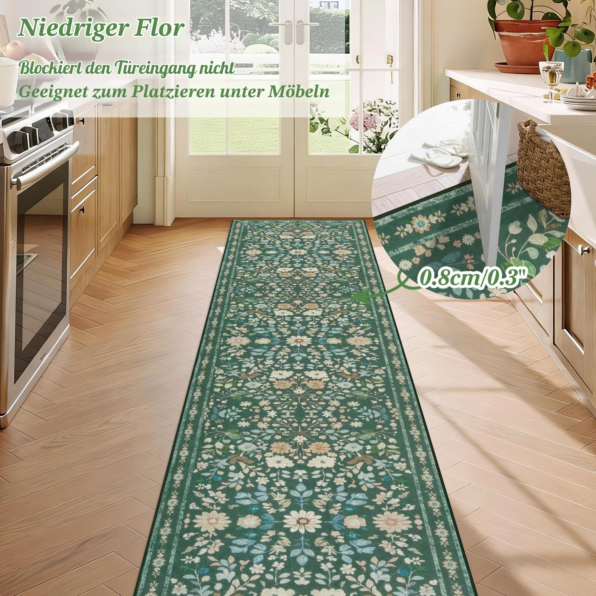 Homcomodar Blumen Teppich Läufer Flur rutschfest 80x300cm Läufer Küche Vintage Boho Teppiche Waschbar Küchenläufer Küchenteppich Grün Teppichläufer für Flur Küchen Eingang Wohnzimmer Schlafzimmer