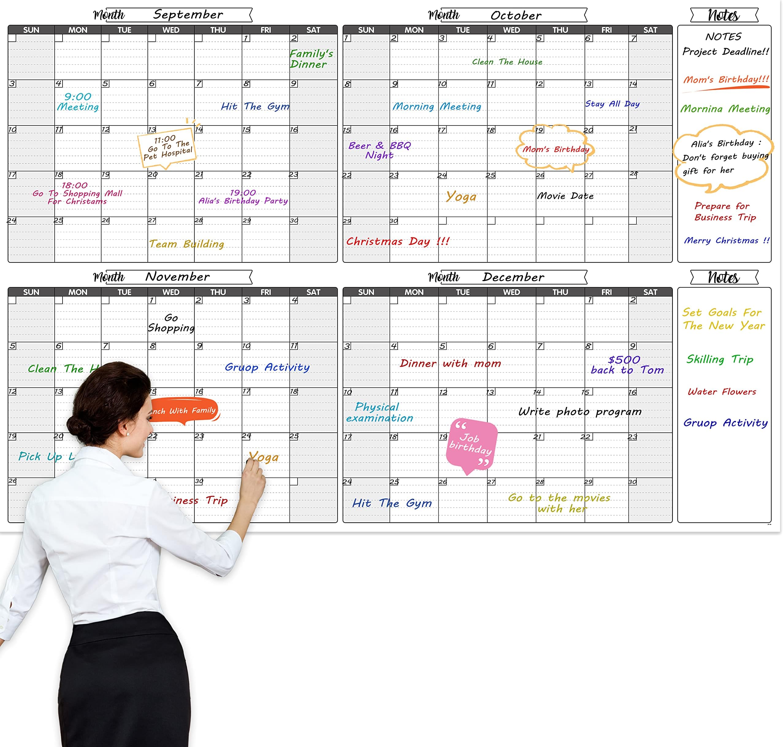 Large Dry Erase Calendar for Wall - Undated 4 Months Wall Calendar, Dry Erase Calendar, 52" x 36", Yearly Wall Calendar Dry Erase for Office, Home