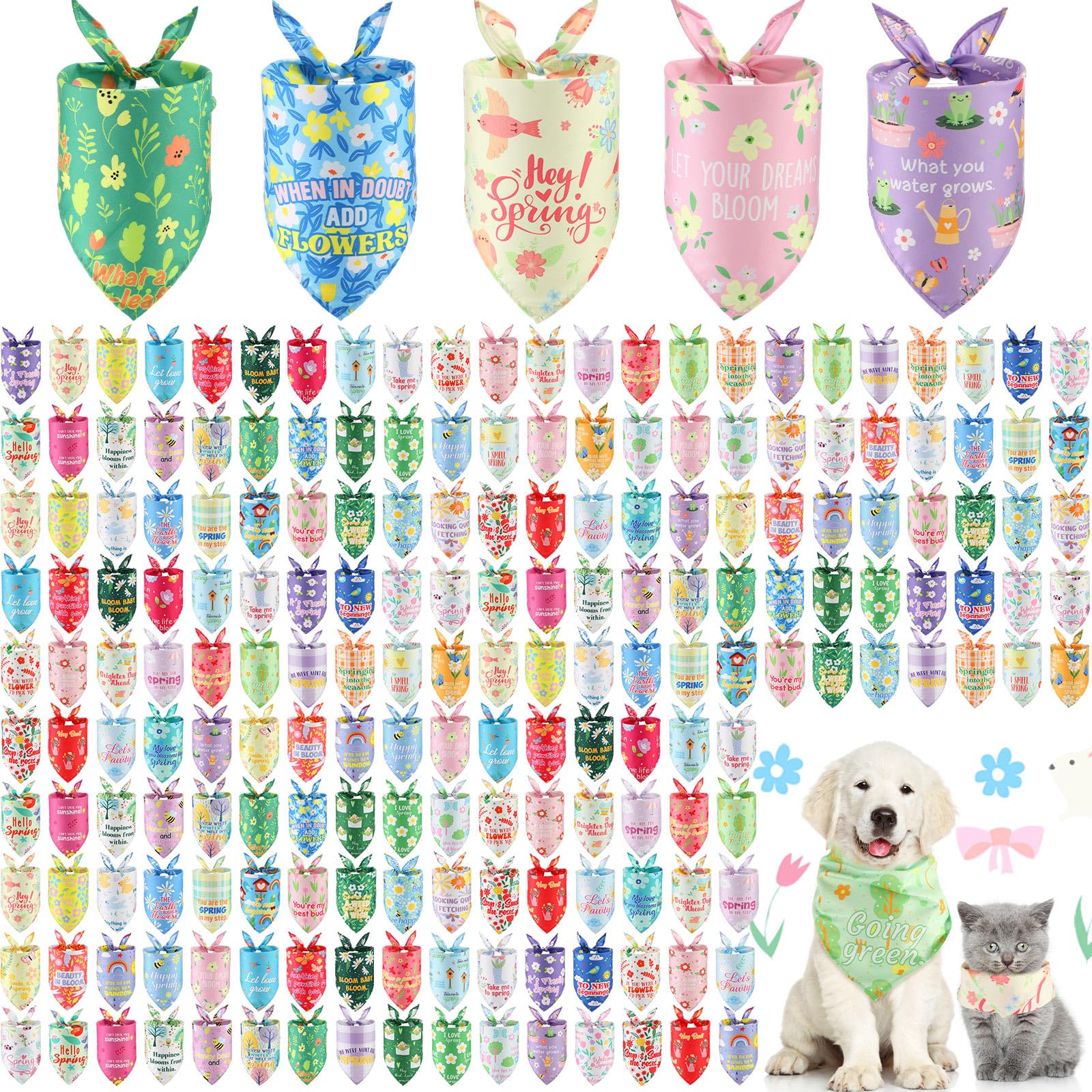Kacctyen 200 Pcs Dog Bandana Bulk for Groomers with Sayings Spring Floral Printed Pet Triangle Scarf Bibs Washable