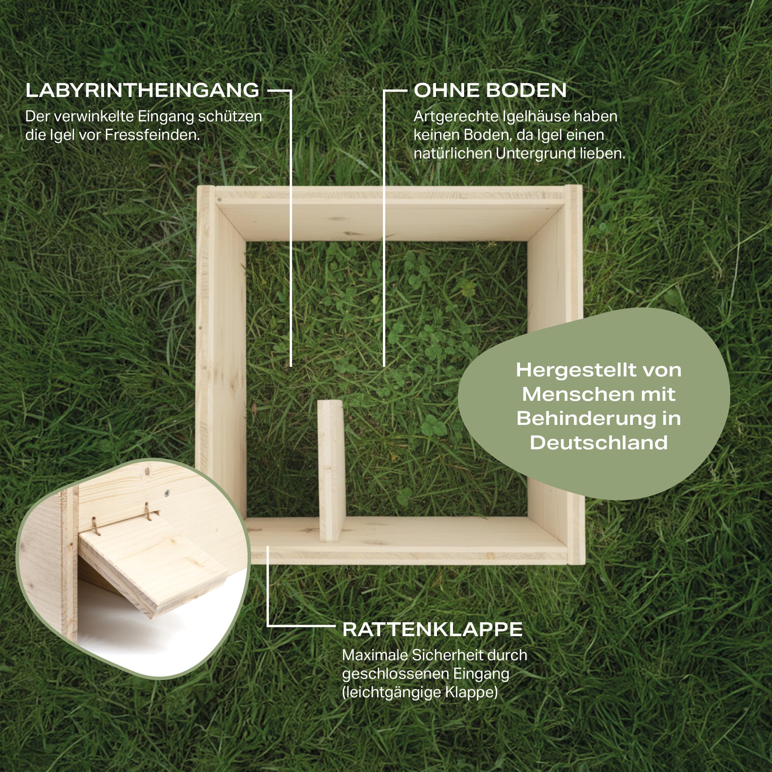 Igelhaus Standard – wetterfestes Holzhaus für Igel im Garten mit Rattenklappe – handgefertigt in Deutschland von Menschen mit Behinderung (44 x 43 x 32 cm)