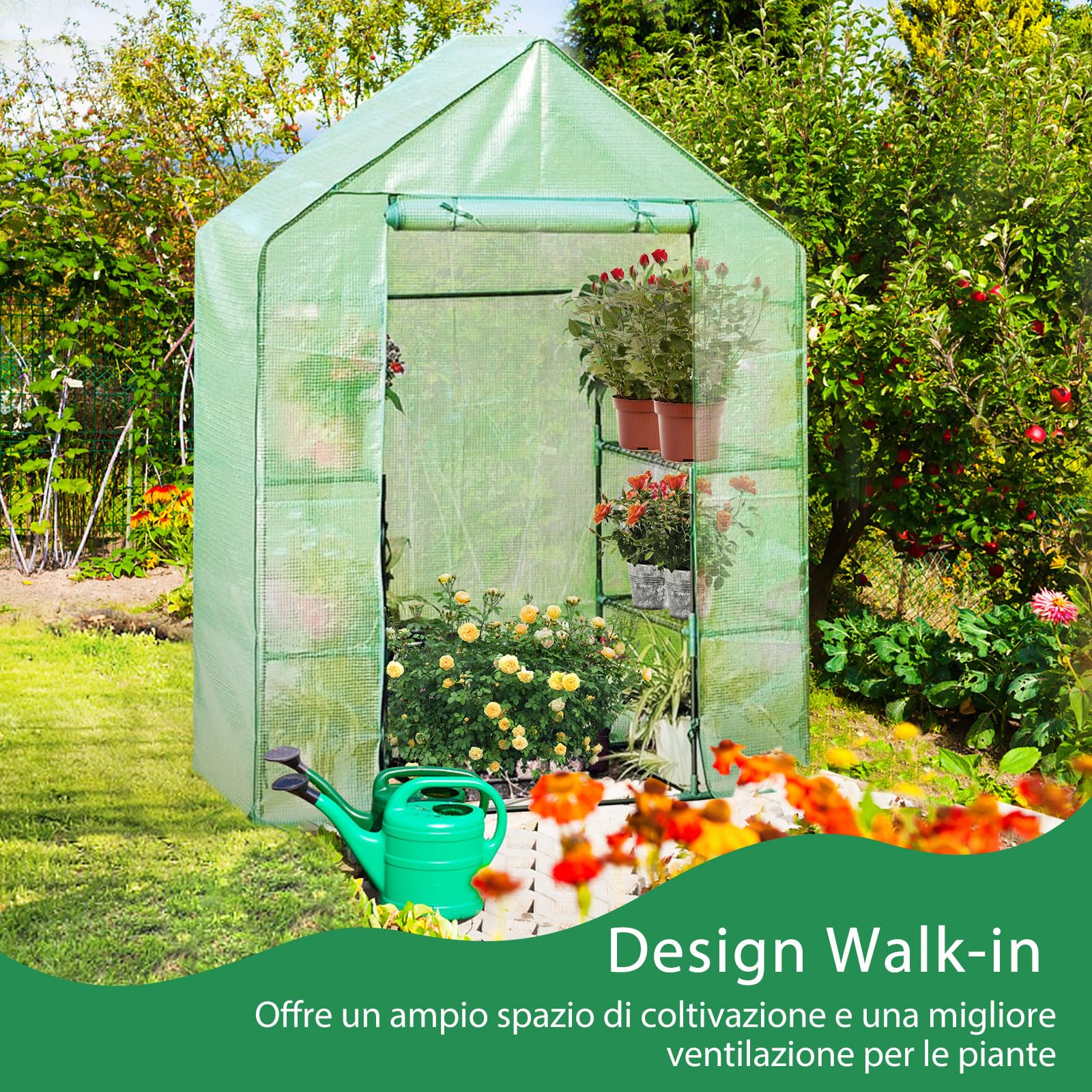 COSTWAY Serra da Giardino a 4 Livelli, Serra da Esterno per Orto e Piante con Telaio in Alluminio, Porta Avvolgibile e Telo, Serra Robusta per Balcone e Giardino, 143 x 73 x 195 cm, Verde