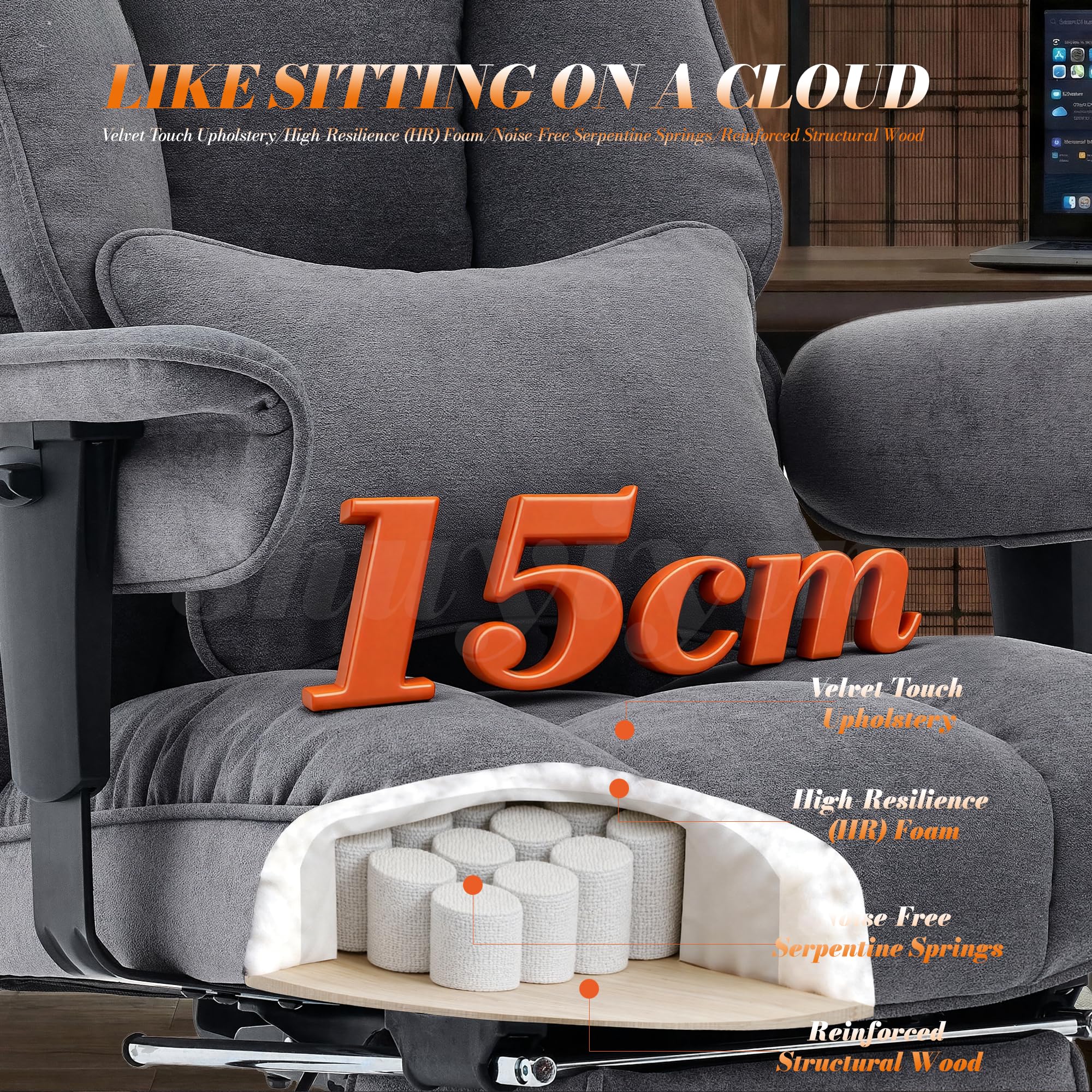 Efomao Chaise de Bureau en Tissu Grande Taille, Fauteuil Ergonomique 200KG, Siège Ordinateur Réglable à Dossier Haut, Chaise Pivotante avec Repose-Pieds et Coussin Lombaire