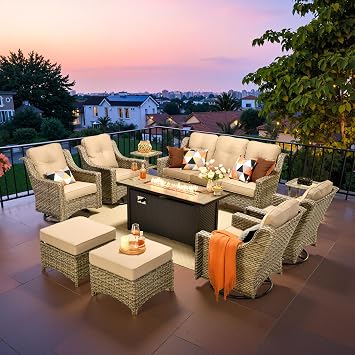 ovios Outdoor 10 Piece Patio Furniture with 54in Fire Pit Table,Wicker Coversation Set with Swivel Rocking Chair,Comfy Sectional Deep Sofa with Ottoman for Outside Porch Balcony Backyard,Beige