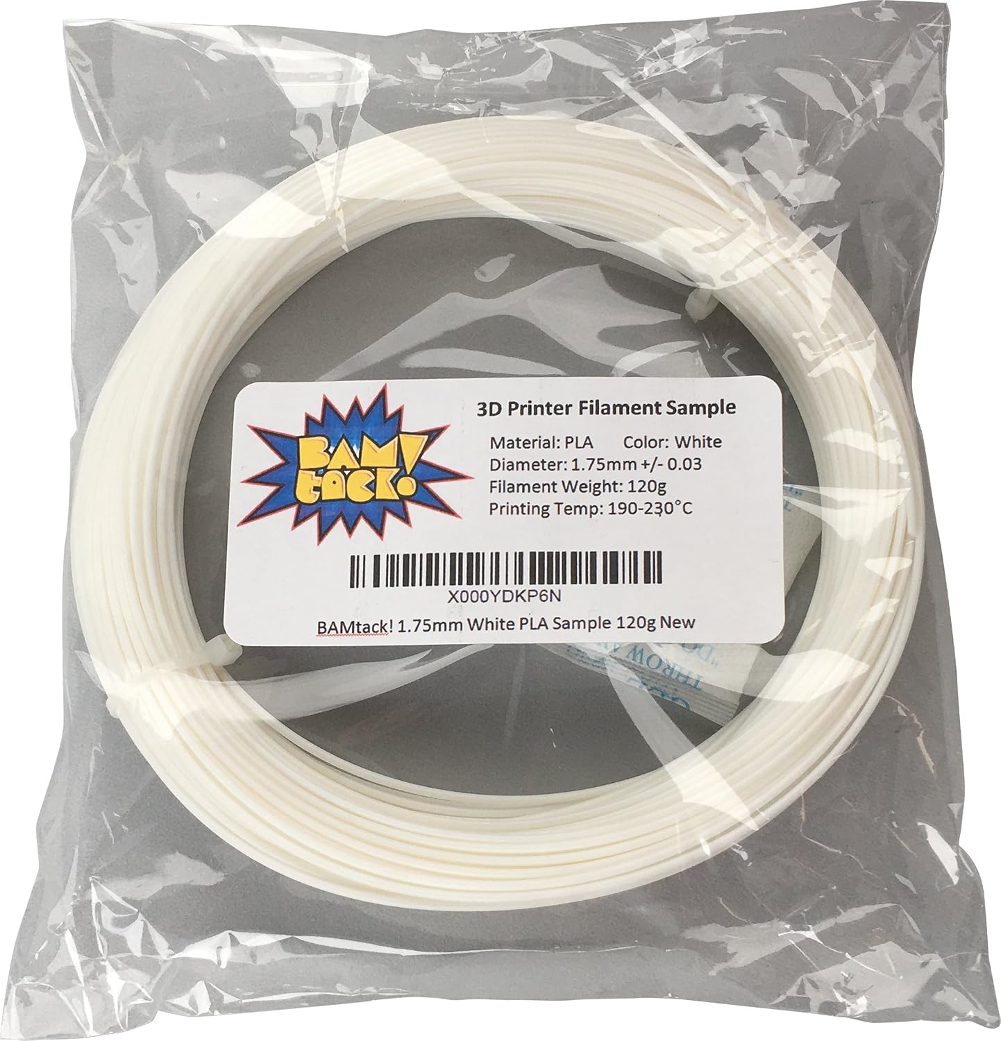 BAMtack! 1.75mm White PLA 3D Printer Filament - 120 grams - Dimensional Accuracy +/- 0.03mm
