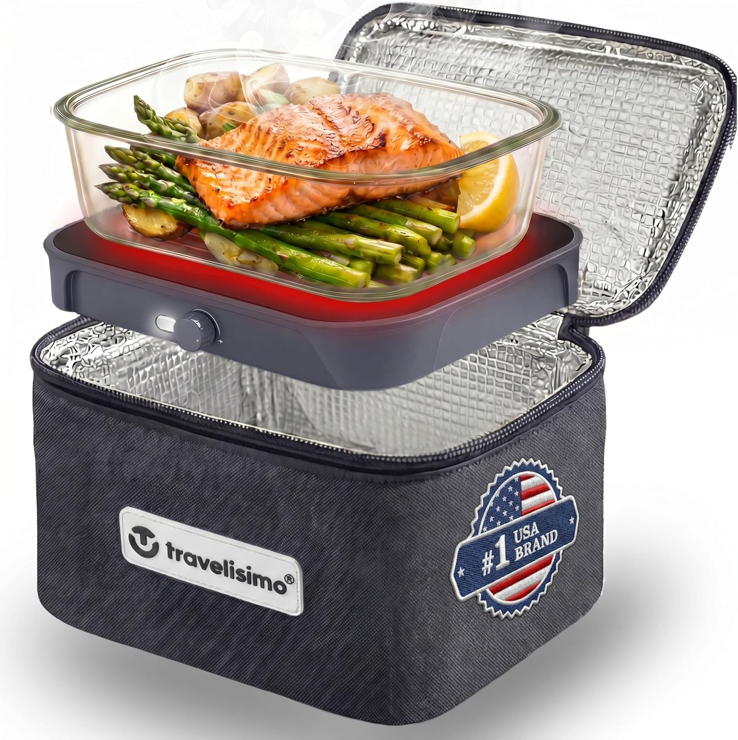 TRAVELISIMO Portable Microwave, Portable Food Warmer For Work & Home Use, Heated Lunch Box 12V/24V/110V, Mini Portable Oven 3-in-1 Food Heater, Electric Lunch Box, Calentador de Comida Portatil