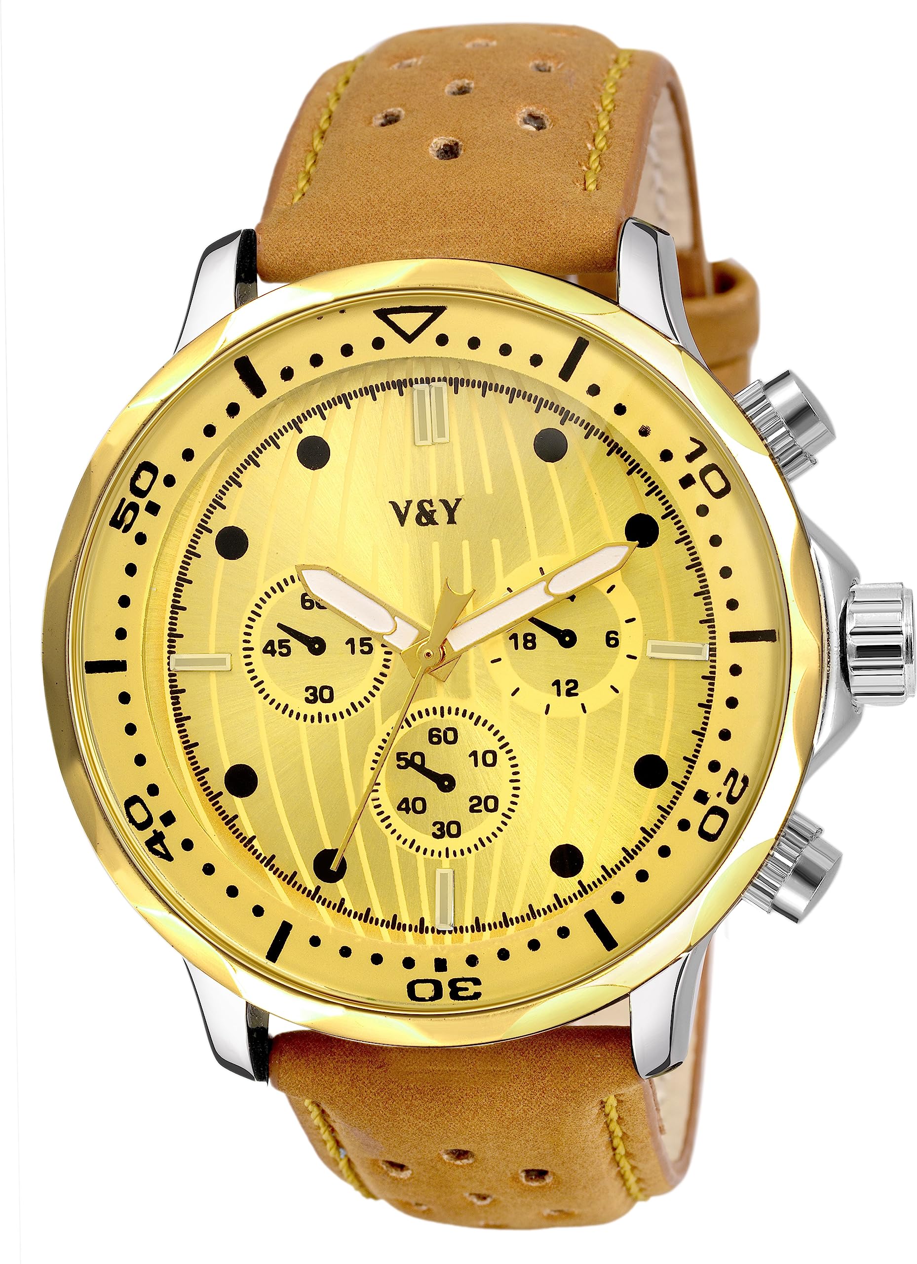 V&Y Men Stainless Steel Tang Buckle Exclusive Gold Plated dial with Brown Strap Analog,Bezel Material: Synthetic Leather Round Watch (B0CBRTJKCG) Amazon Price History, Amazon Price Tracker