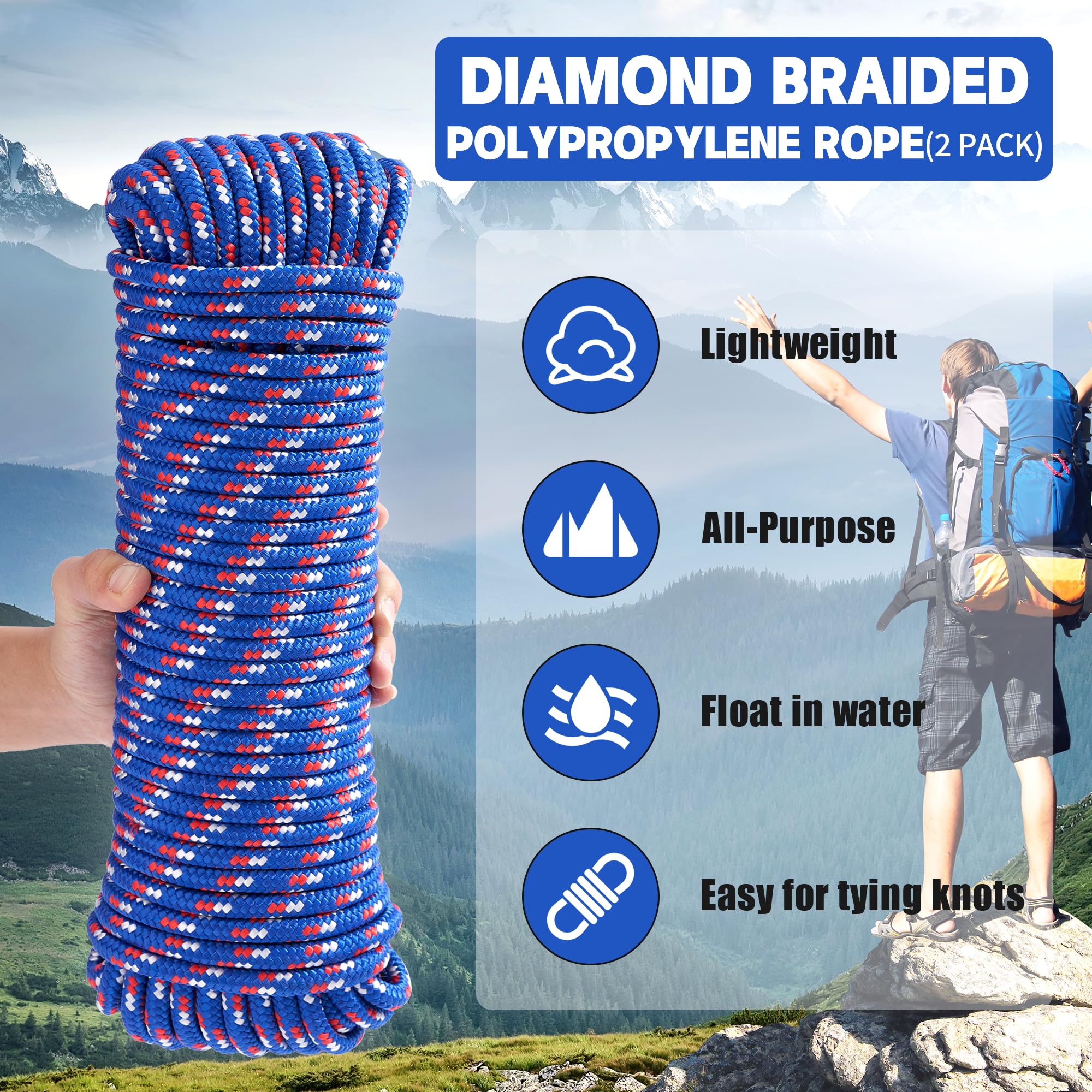 Confezione da 2 corde in polipropilene intrecciato a diamante, 30,5 m, 8 cm, corda in nylon, corda per stendibiancheria, corda per barca, multiuso, per artigianato, nautica, campeggio, interni,