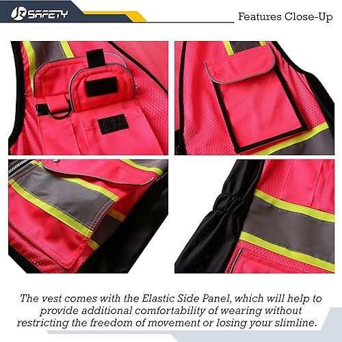 Miniatura 3 de JKSafety - Chaleco de seguridad reflectante de alta visibilidad con 9 bolsillos para mujer, malla negra, tiras reflectantes con bordes extendidos