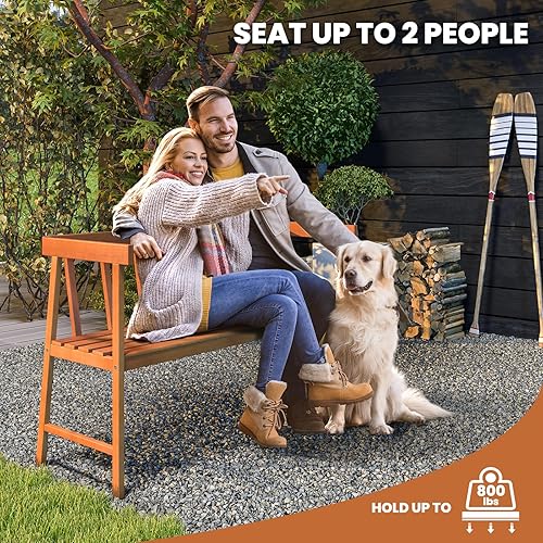 Miniatura 5 de Tangkula Banco de madera de eucalipto para exteriores, banco de jardín para 2 personas con respaldo y reposabrazos, banco de jardín con asiento de