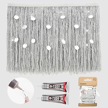 Sliver Glittery Fringe Trim with Sparkly Sequins, 2Yards X 11.8 Inch Long Fringe Trim by The Yard with B7000 Glue, Tassels for Crafts for Sewing Clothing Curtain