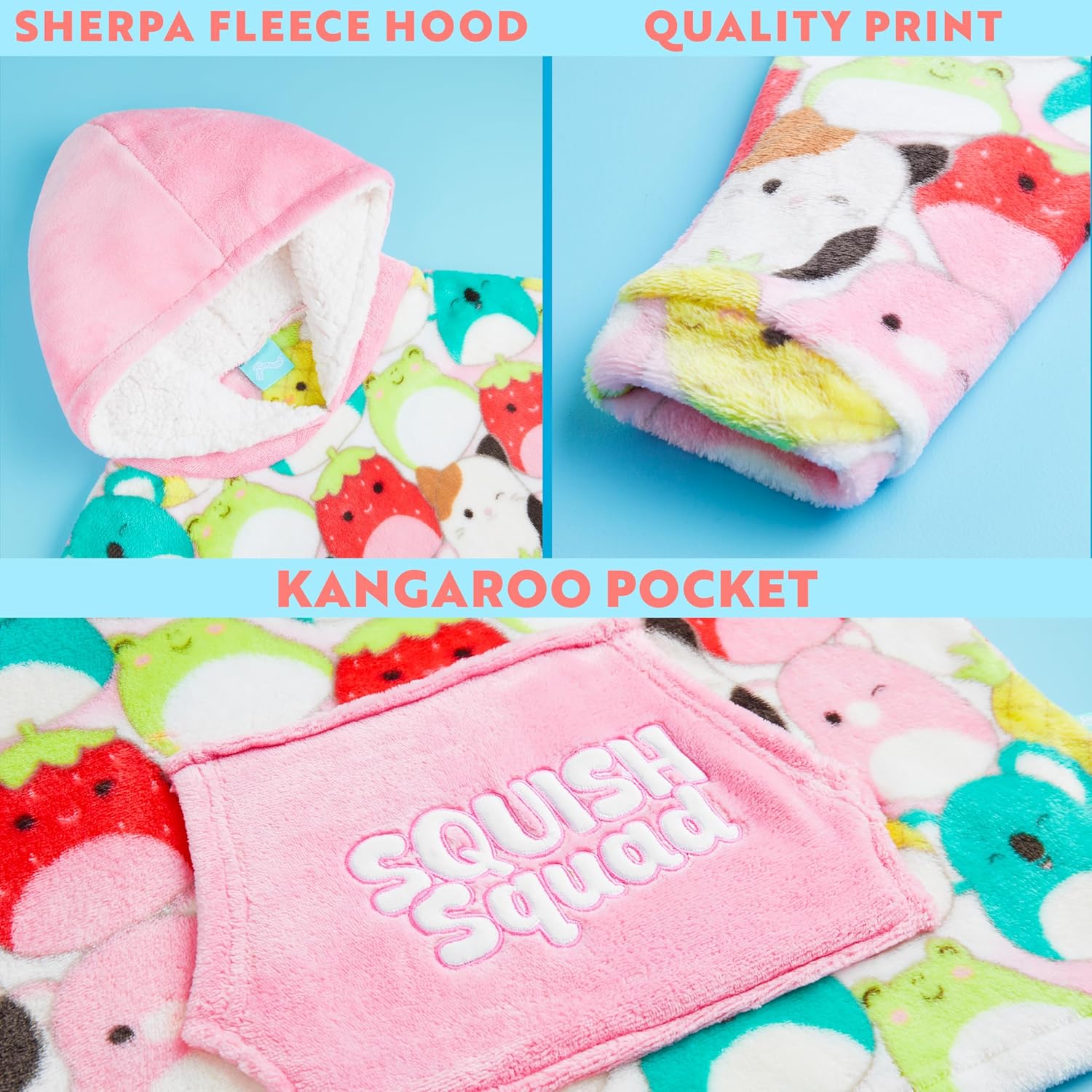 Squishmallows Blanket Hoodie for Girls, Teens, Fleece Oversized Wearable Blanket with Pocket, Cozy Loungewear Gifts for Girls Multi