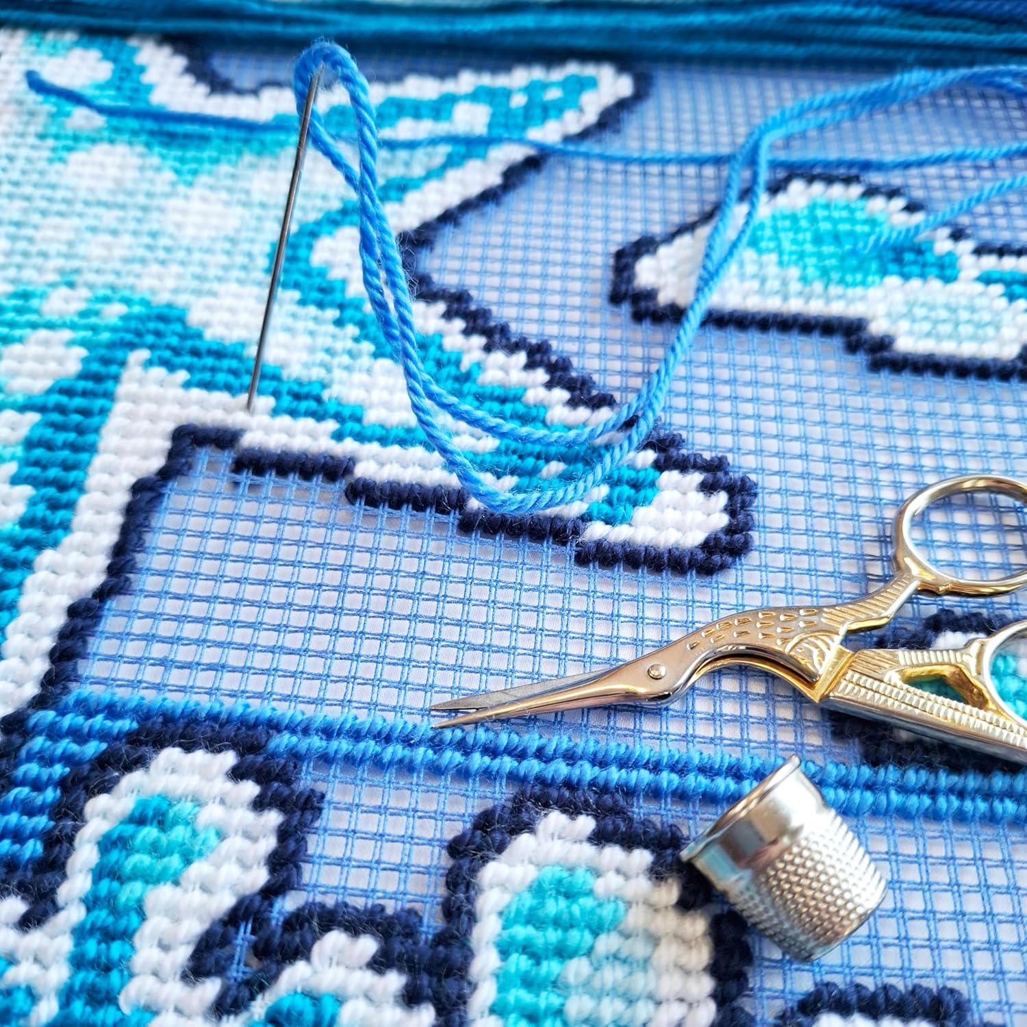 Brvsk Coastal Embroidery Kit for Adults and Beginners — Ocean Treasures 16″ × 16″ with Clear, Precise Printed Design on Cotton Canvas; Includes 2 Needles, Yarn, and Easy-Read Chart