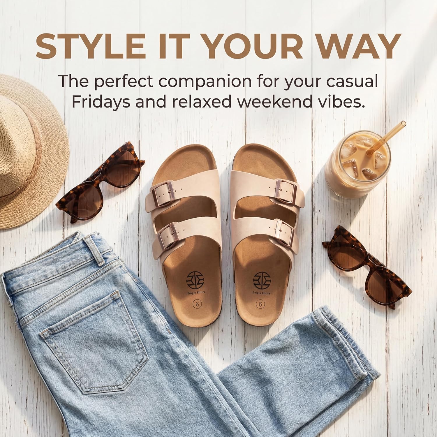 Women's Faux Leather Flat Sandals with Cork Footbed and Arch Support, Adjustable Strap, Soft Cushion, Comfortable Summer Walking Beach Slides Vacation Essentials