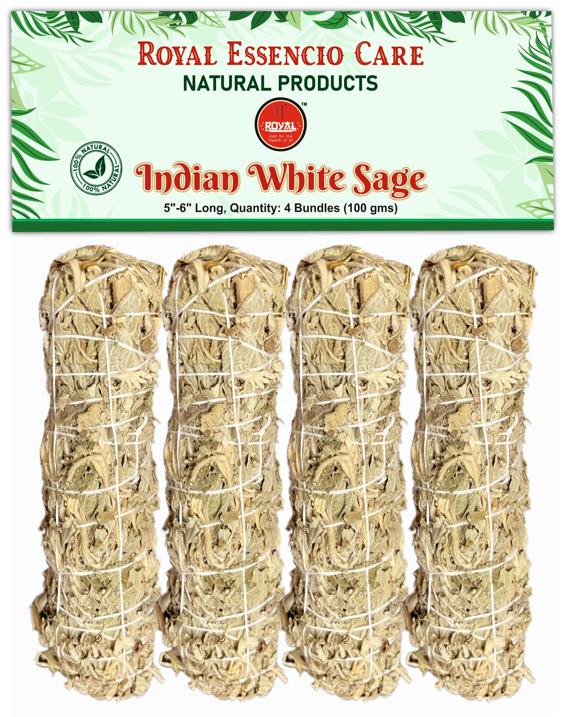 Royal Essencio Care (Pure Natural) Indian White SAGE 4 Bundles (6-7Inches) - Smudging Sticks 4 Pieces of 30-35 Grams Each. (Removes Negativity) for Purity of The House and A Person