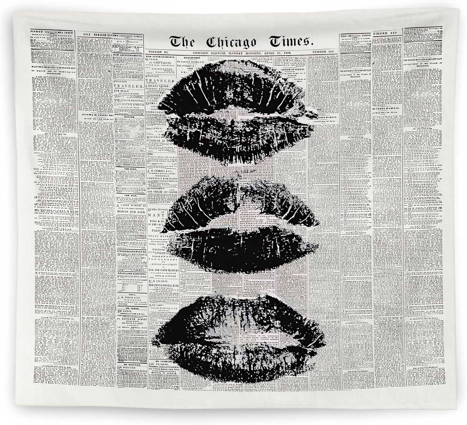 WNAGT Vintage the Chicago Times Newspaper Tapestry Wall Hanging, Retro Chic Black and White Minimalist Kiss Lips Wall Blanket Decor for Girls Bedroom Dorm Apartment Home, 50x60 Inch