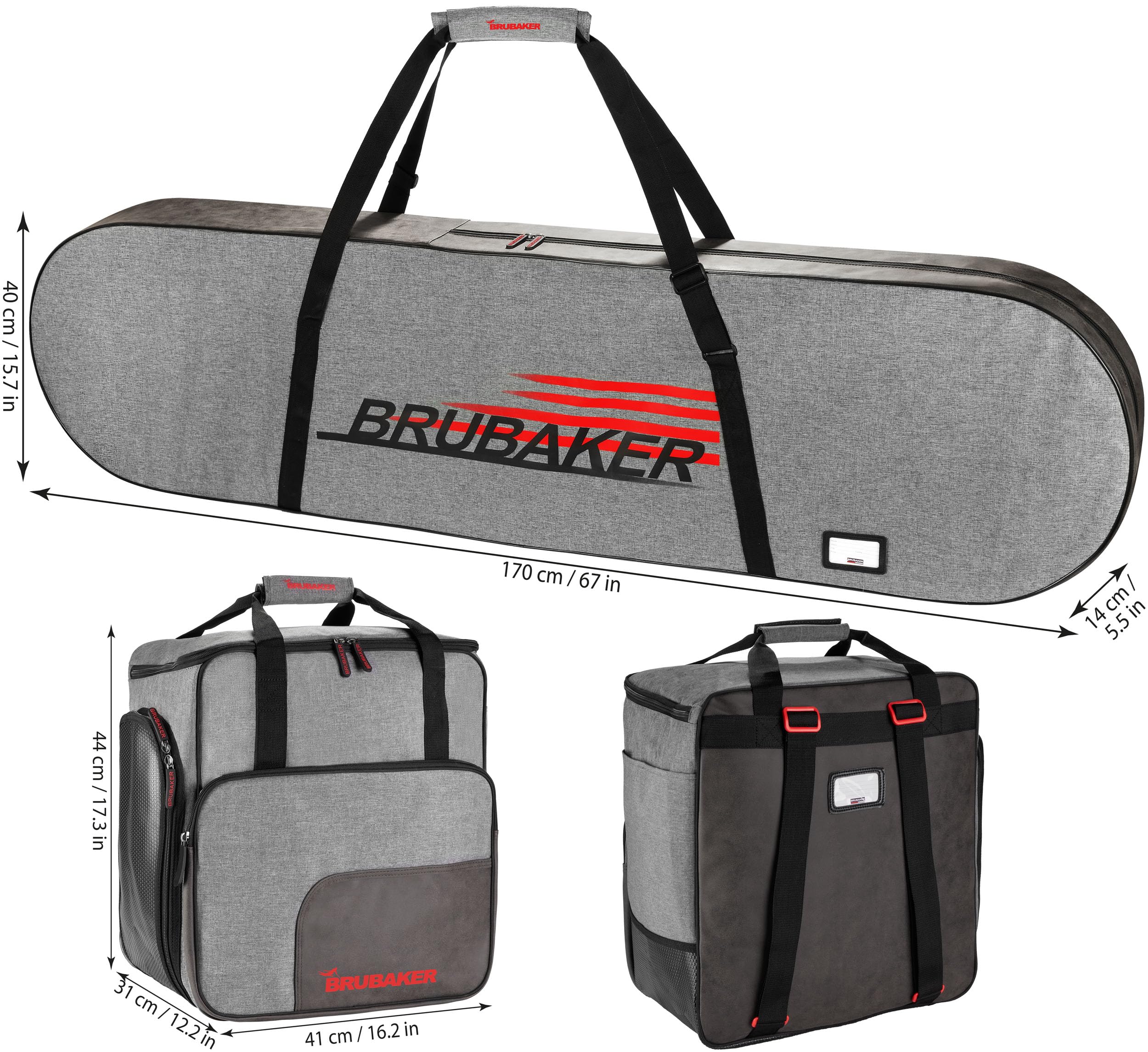 BRUBAKER Snowboardtaschen Kombi Set - Velocity Performance - Snowboard Tasche mit Stiefeltasche - Snowboardbag und Snowboardschuhtasche mit Helmfach - Schwarz und Grau
