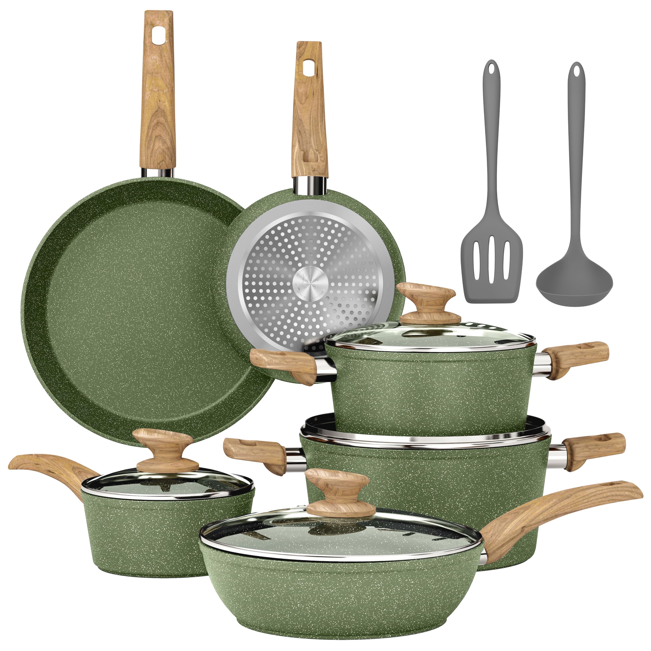 Kitchen Academy Lot Casserole et Poêle Induction 12 Pcs Batterie Cuisine | Antiadhésive en Granite Batterie de Cuisine Tout Feux, 100% Sain et Sans PFOA ni PFOS, Facile à Nettoyer
