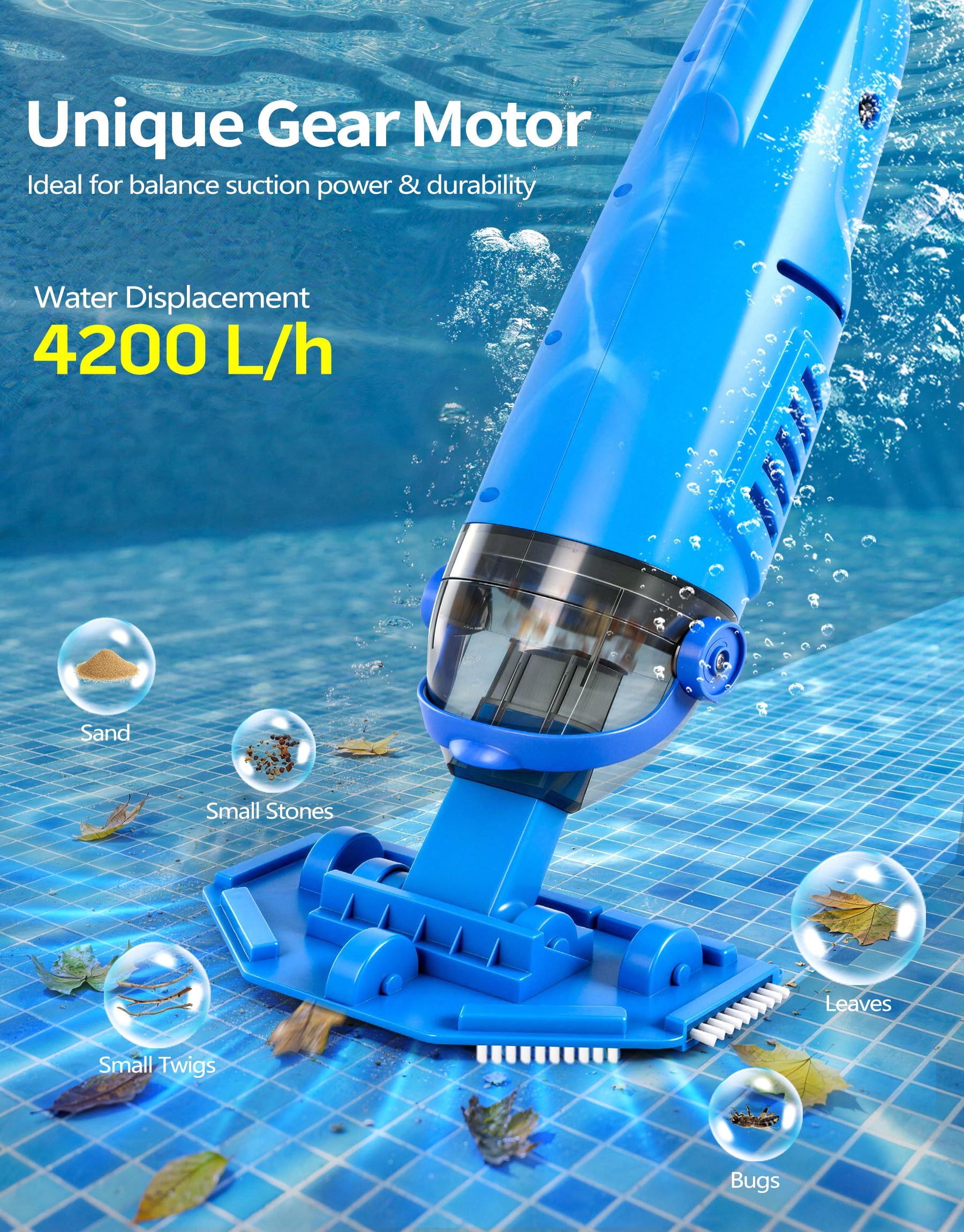 LanBlu Poolsauger Akku, Doppelbürstenköpfe Pool Staubsauger Akku mit Teleskopstange bis zu 250cm, 4200L/H Poolsauger Bodensauger mit 4 Filter,Rückflussverhinderungsdesign Pool Bodenreiniger Dunkelblau