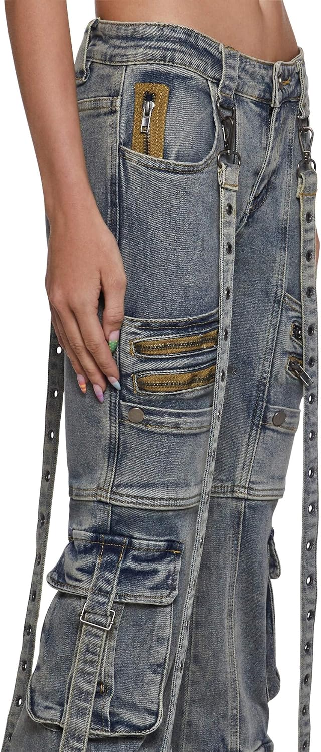 Dolls Kill Aurora Cargo Jeans by Generation Kiss – Low Rise Flared Denim Cargo Pants with Suspender Straps & Zipper Trim