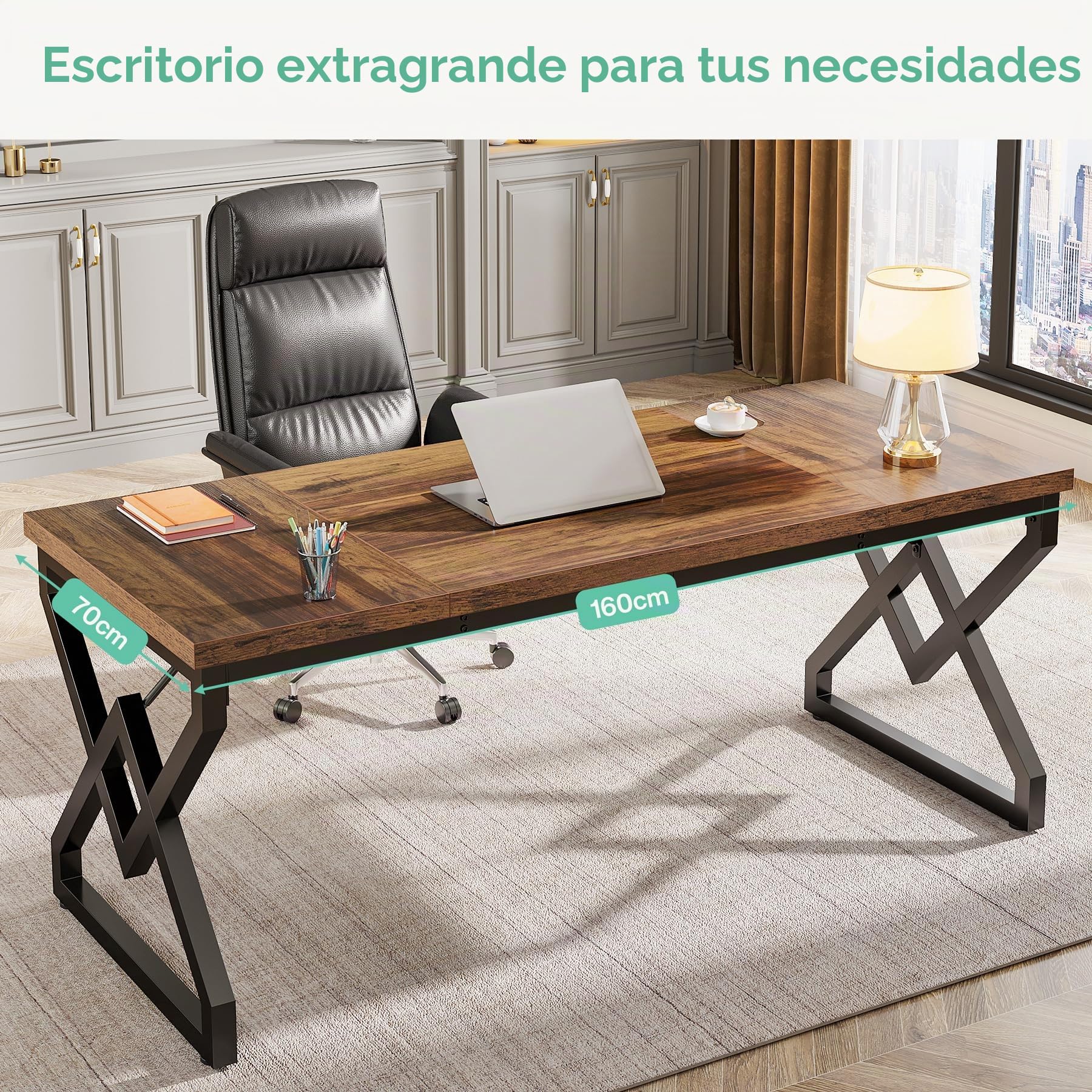 Tribesigns Escritorio Executivo con Mesa de Madera Extra Gruesa y Marco Metálico, 63 Pulgadas para Oficina en Marrón Rustico
