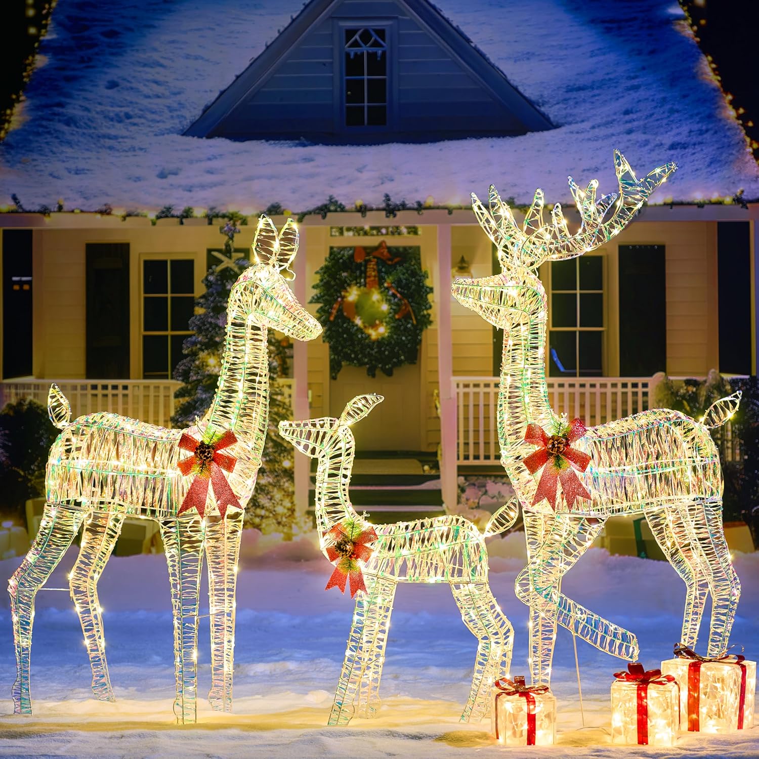 JOIEDOMI Deer Outdoor Christmas Decorations, 3 Pcs Lighted Christmas Deer Family Set, 360 Warm White LED Lights Xmas Yard Decor, 3D Reindeer with Stakes for Lawn Garden Porch Holiday, Iridescent