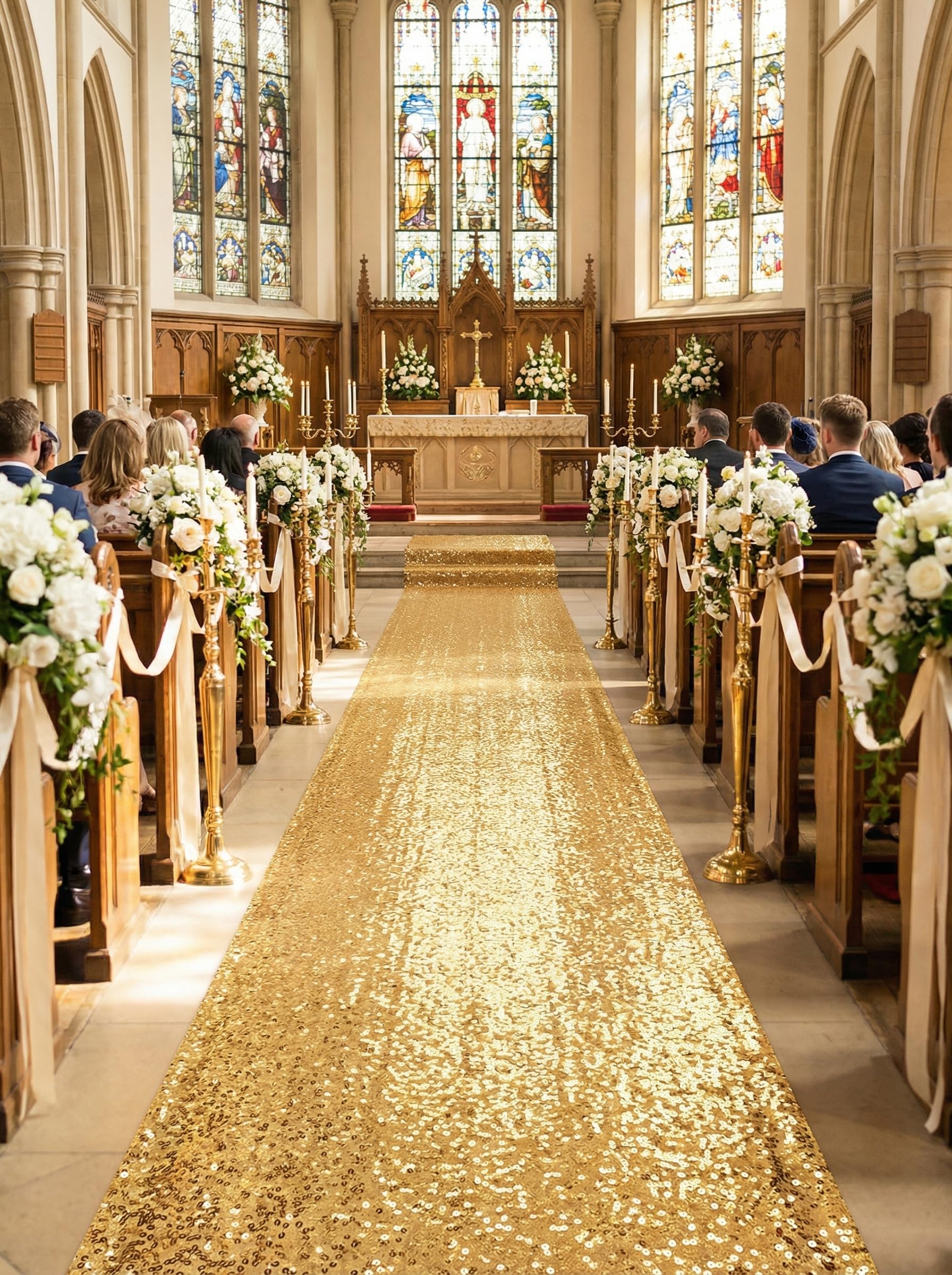 Gold Aisle Runner: 4FT×15FT Sequin Fabric - Sparkly Carpet Runner for Prom Party Outdoor Grass Floor Indoor Walkway Rug Runner Hallway Decorations