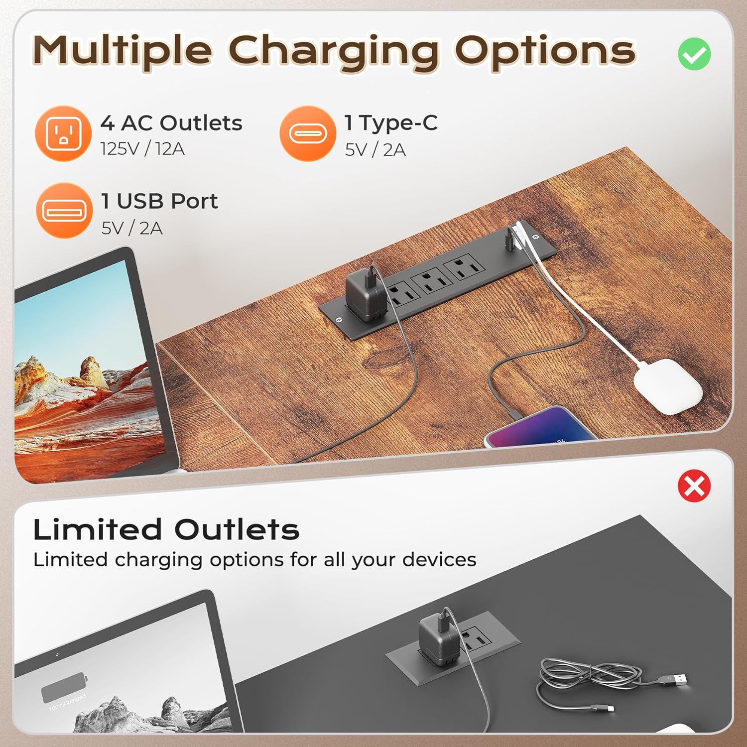 Huuger 63 Inch L Shaped Desk with Fabric Drawers, Computer Office Desk with Power Outlets and USB-C Port, Corner Desk with Storage Shelves, for Gaming Work Study Home Office, Reversible, Rustic Brown