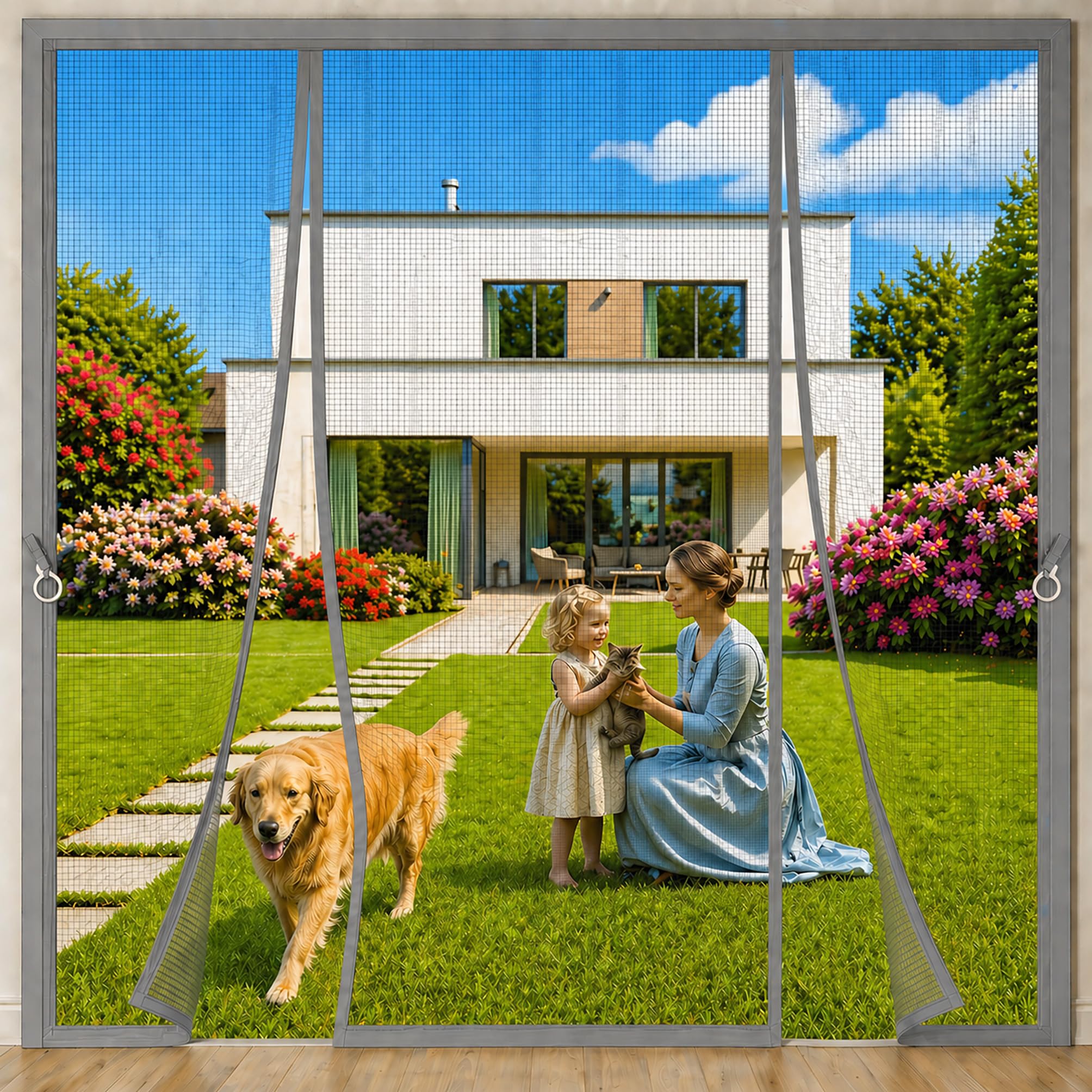 Reinforced Double Opening Magnetic Screen Door Grey 220x190cm Large Door Durable Reinforced Curtain Screen Self Sealing Without Drilling for Enjoying the Garden View with Complete Peace of Mind
