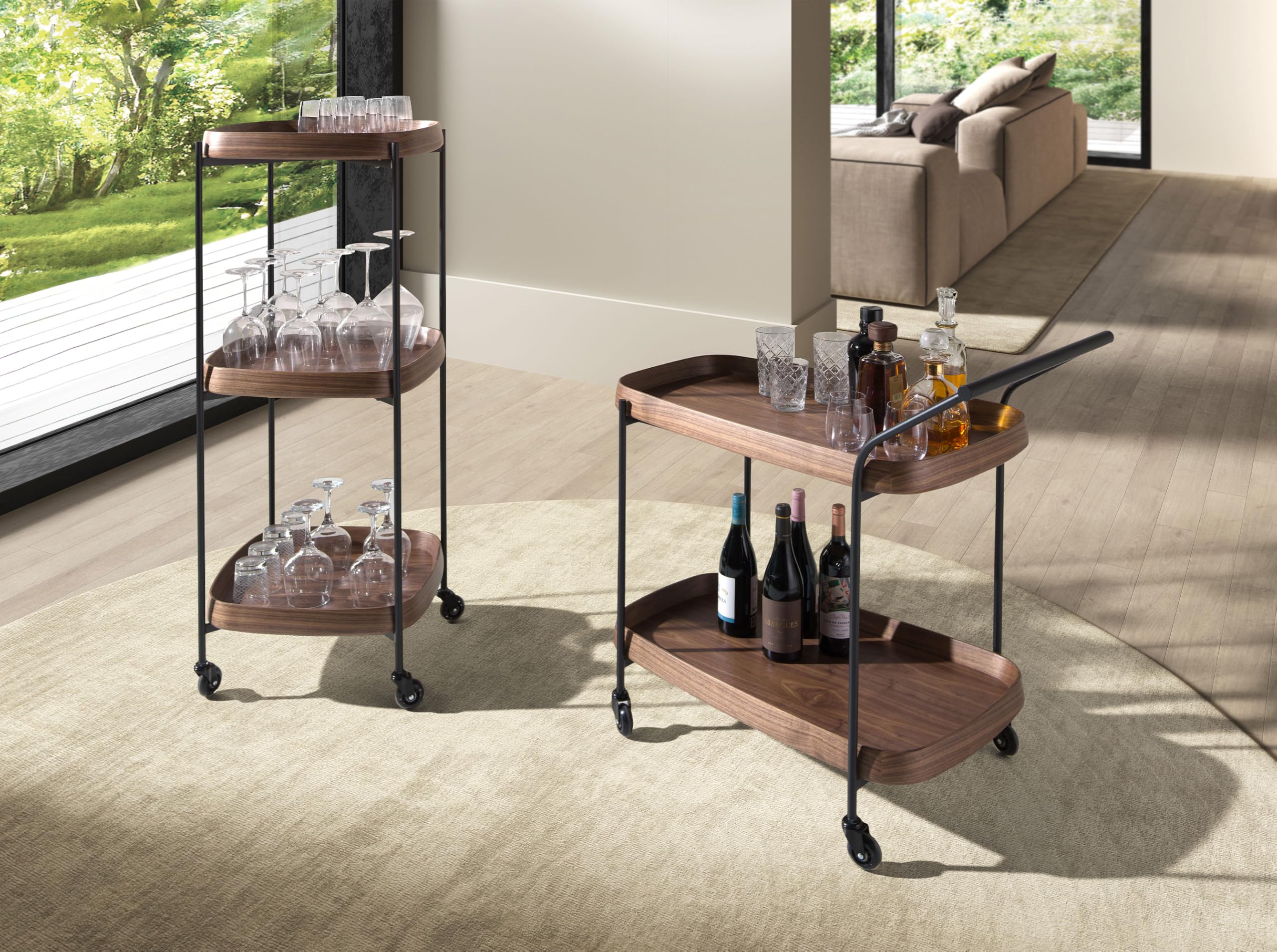 AC ANGEL CERDÁ Carrito Minibar Modelo 3290, Madera de Nogal y Acero Negro, 2 Bandejas, 89 x 56 x 89 cm