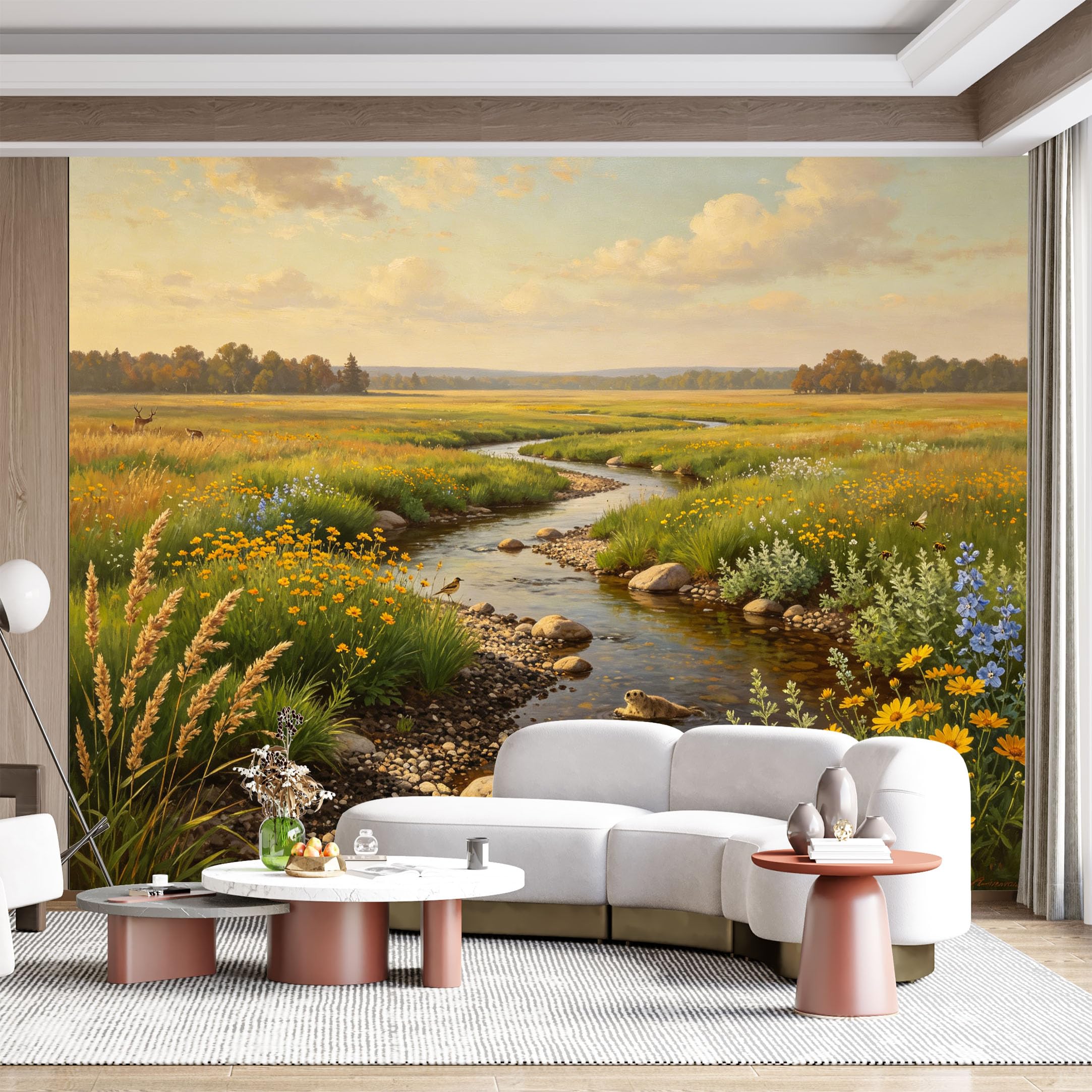 Custom Size Wall Mural Golden Meadow Wildflowers Winding River Animal Wildlife Oil Painting SelfAdhesive Wall Fabric Removable for Home Office Decor