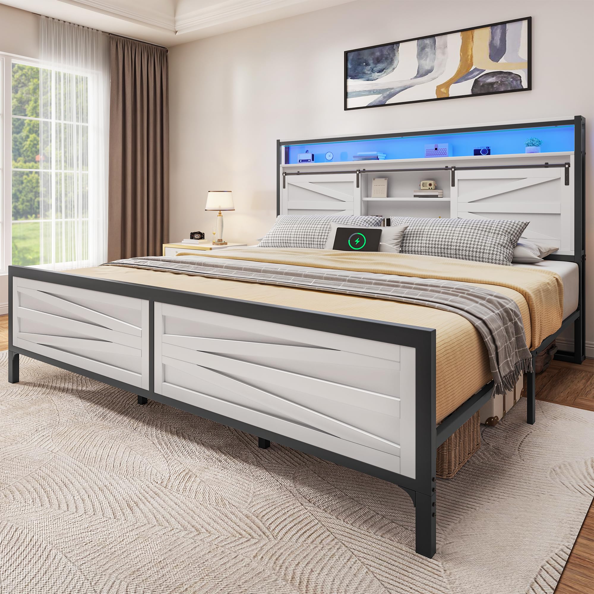 YITAHOME Farmhouse King Bed Frame with Storage Bookcase Headboard, Platform Bed Frame with LED Lights and Charging Station, Sliding Barn Door, Solid Metal Slats, No Box Spring Needed (White)
