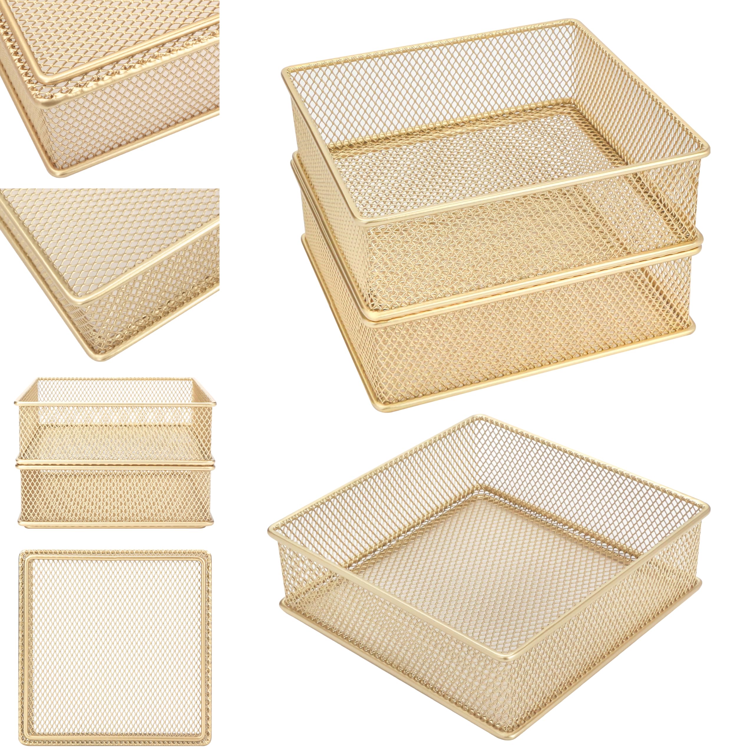 Annova Mesh Drawer Cabinet and Shelf Organizer Bins Storage Basket School Office Supply Holder Tray- Set of 2 (Gold, 15x15x5 cm) - Image 3