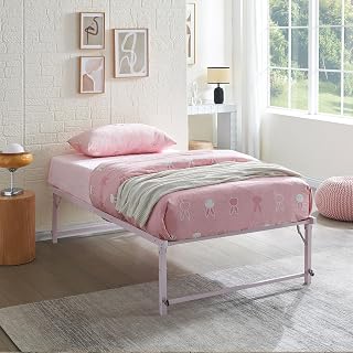 Kings Brand Furniture Twin Size Metal Pop up Trundle Day Bed Frame with Wheels, Pink- Sturdy and Elegant Space-Saving Solution