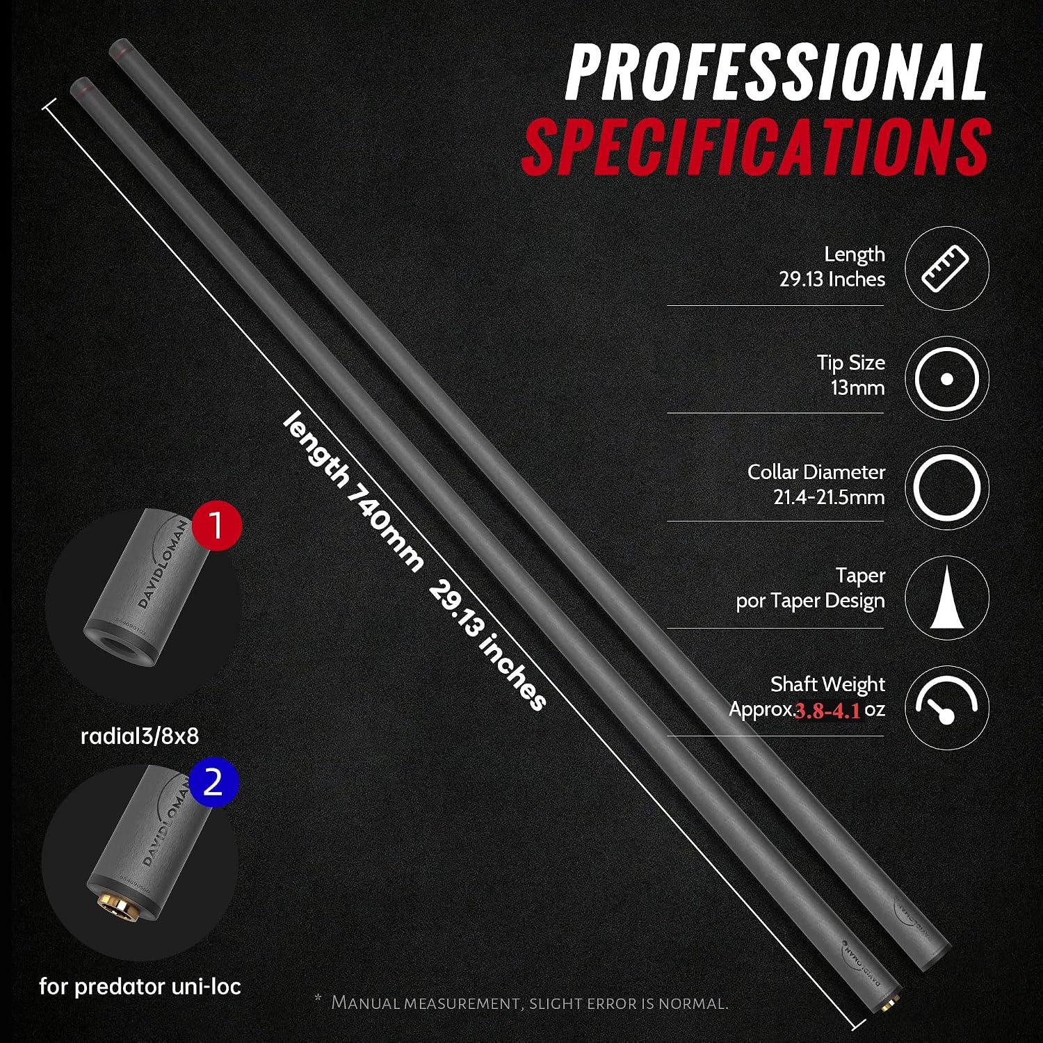 Carbon Fiber Jump/Break Cue Shaft,13mm, Pro Taper, Powerful and Precise 29.13inches collar diameter is 21.4mm-21.5mm for 3/8x8;3/8x9;3/8x10;3/8x11;3/8x14;uni-loc;5/16x14;5/16x18;fury;bullet/vp2 joint