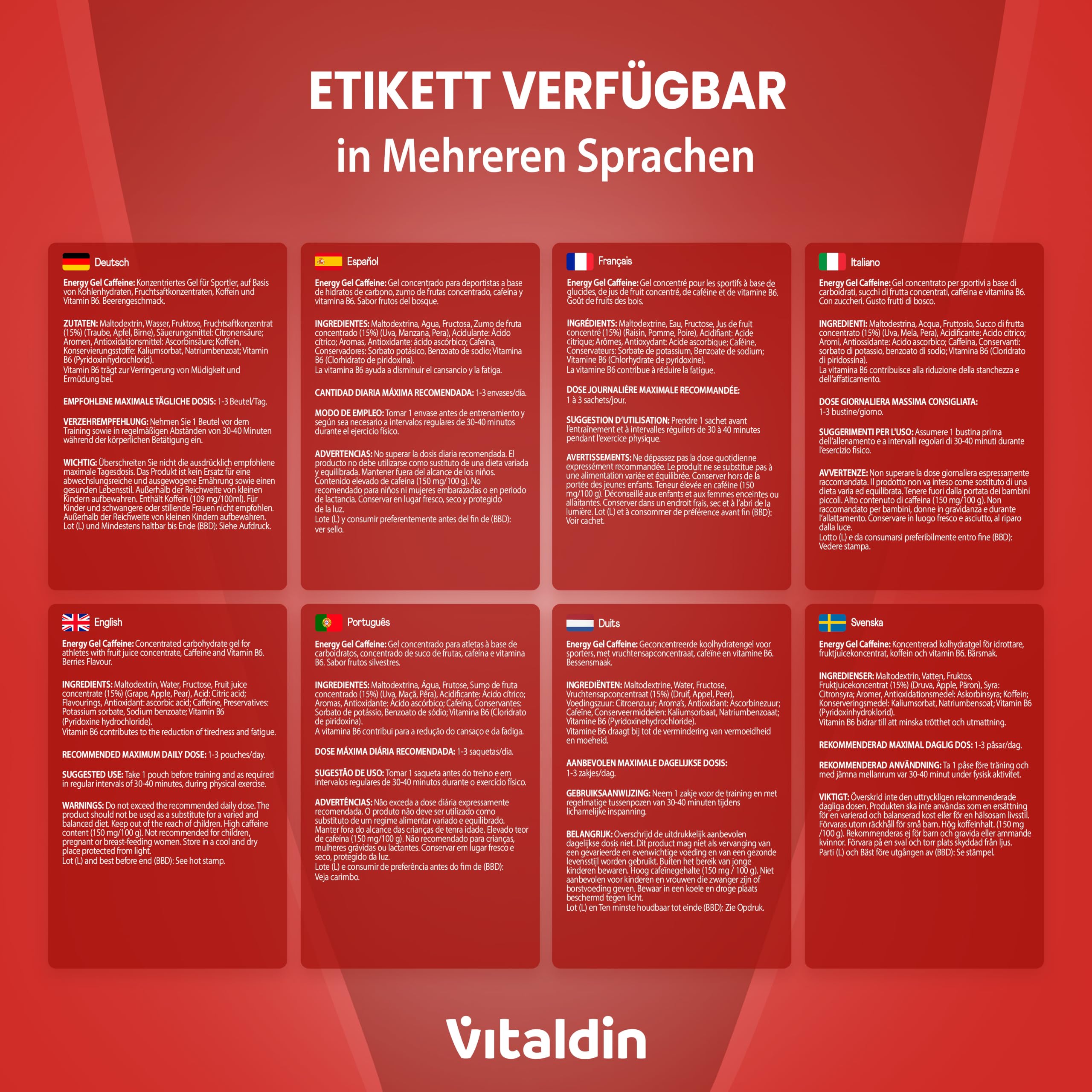 VITALDIN SPORT Energy Gel Caffeine – 24 Gels x 40 g – Energiegel mit Beerengeschmack – 60 mg Koffein & Vitamin B6 – Schnelle Energie & allmähliche Freisetzung – Running, Radfahren & Sport di Ausdauer…
