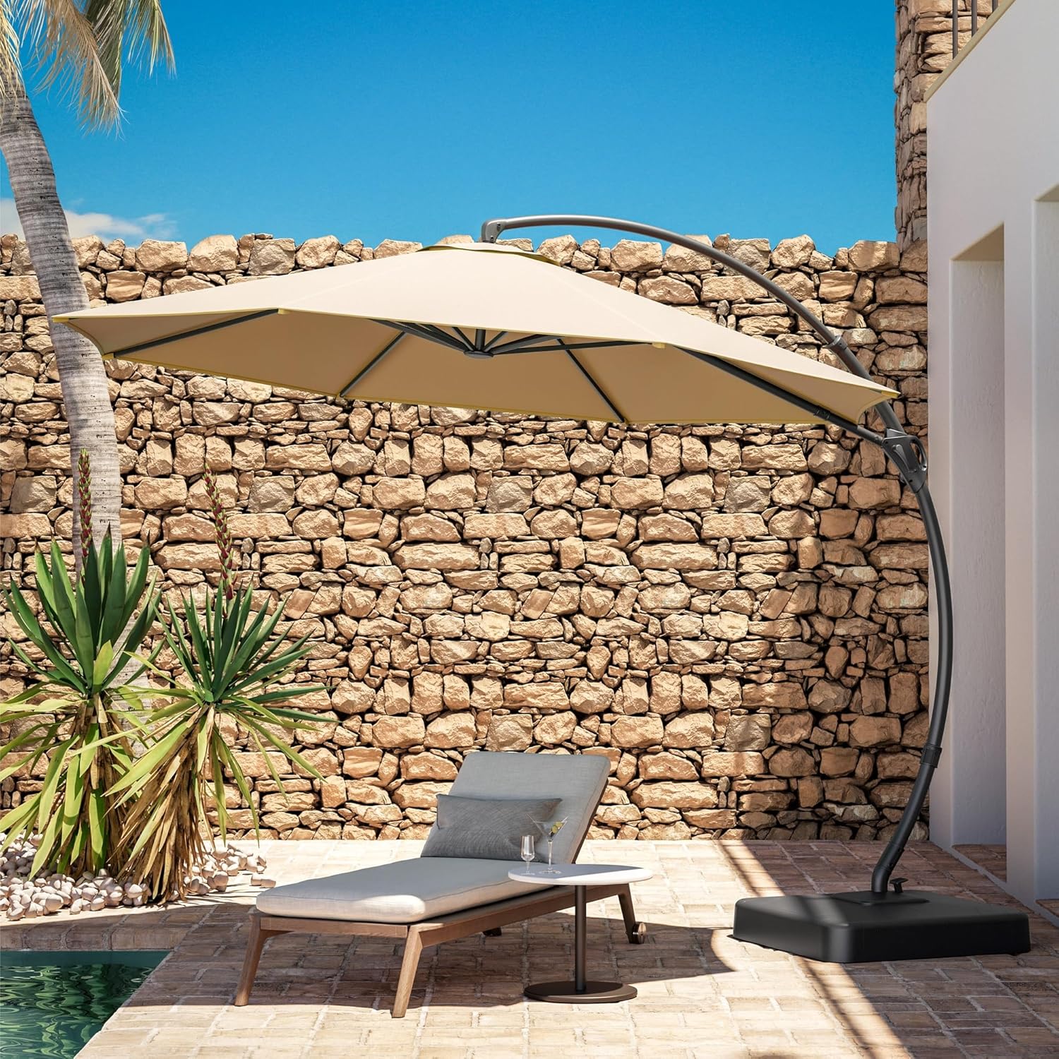 LAUSAINT HOME Outdoor Patio Umbrella with Base Included,10ft Large Deluxe Curvy Cantilever Umbrella Offset Umbrella with 360° Rotation for Pool Garden, Deck Market (Beige)