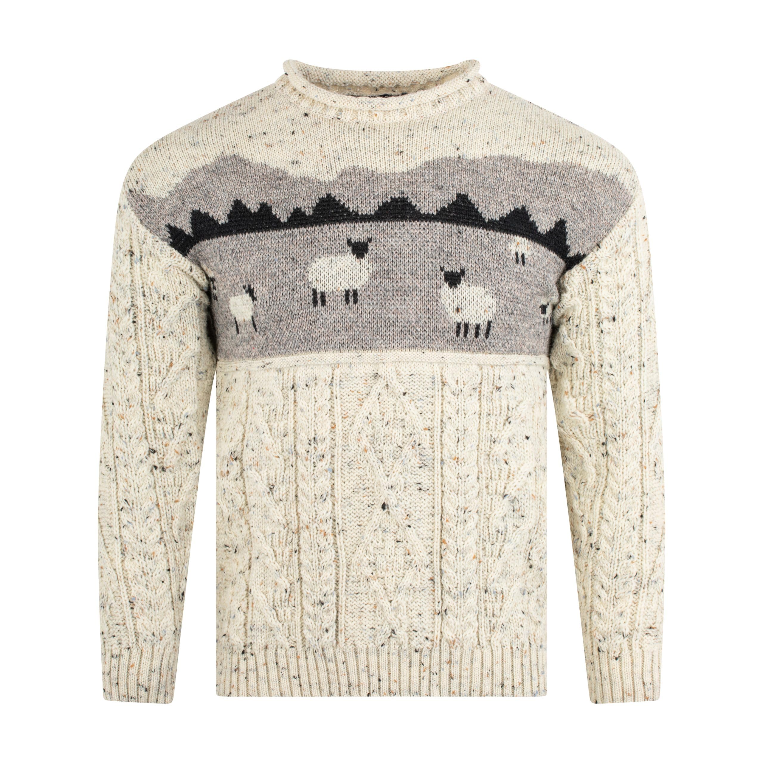 SCOTTISH ESSENCE Unisex Aran Jumper, Traditional Sheep Scene Pattern, 100% British Chunky Wool, Skiddaw, Winter Warm Knit (UK, Alpha, XXL, Regular, Regular) Beige