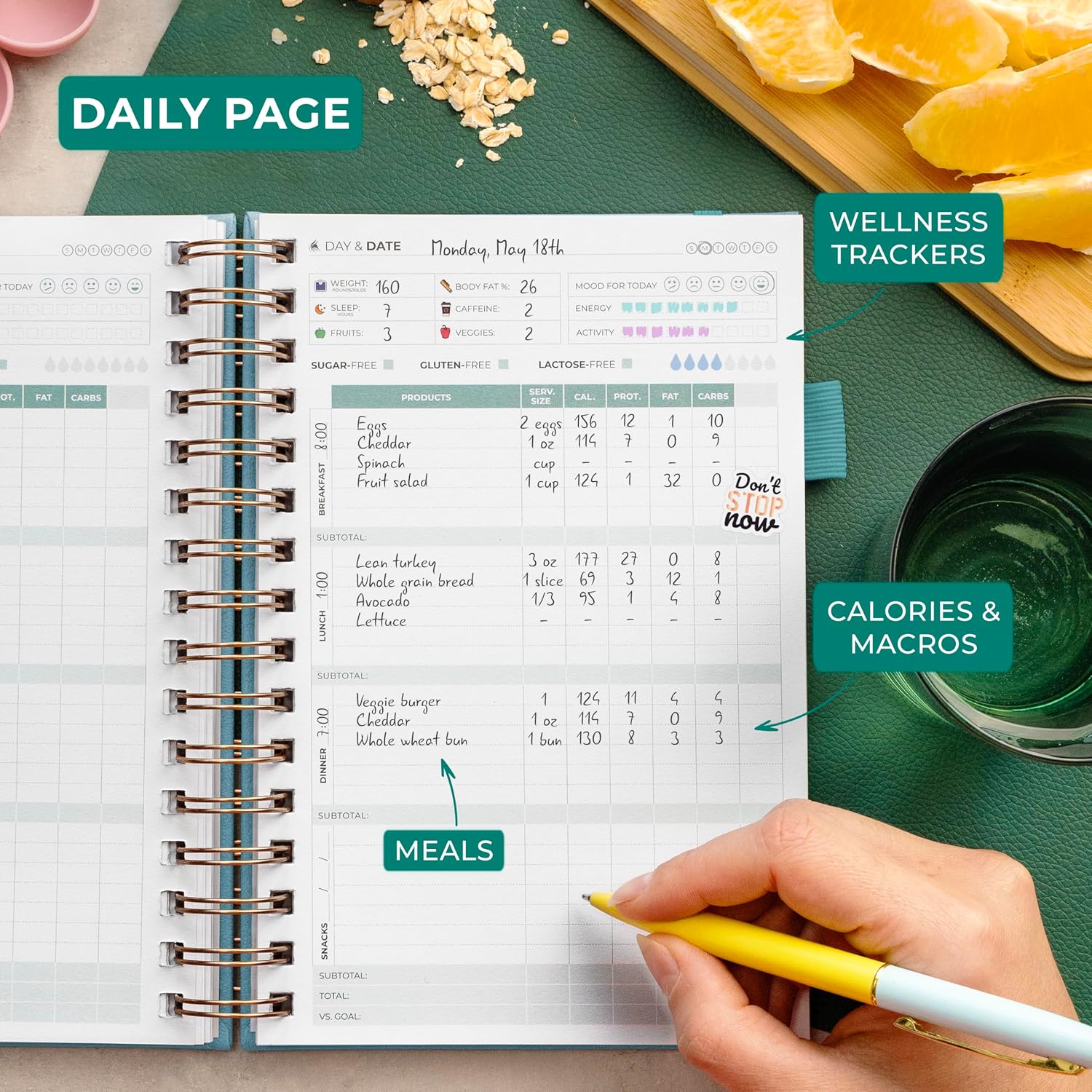 Clever Fox Food Journal Spiral - Daily Food Diary, Meal Prep Planner to Track Calories & Nutrients, Weight Loss Tracker Notebook (Aquamarine)