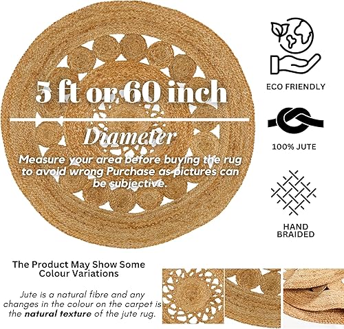 Miniatura 3 de Alfombra de área beige  Alfombra circular trenzada de 5 pies para sala de estar de alto tráfico  Alfombra rústica decorativa de yute de ratán