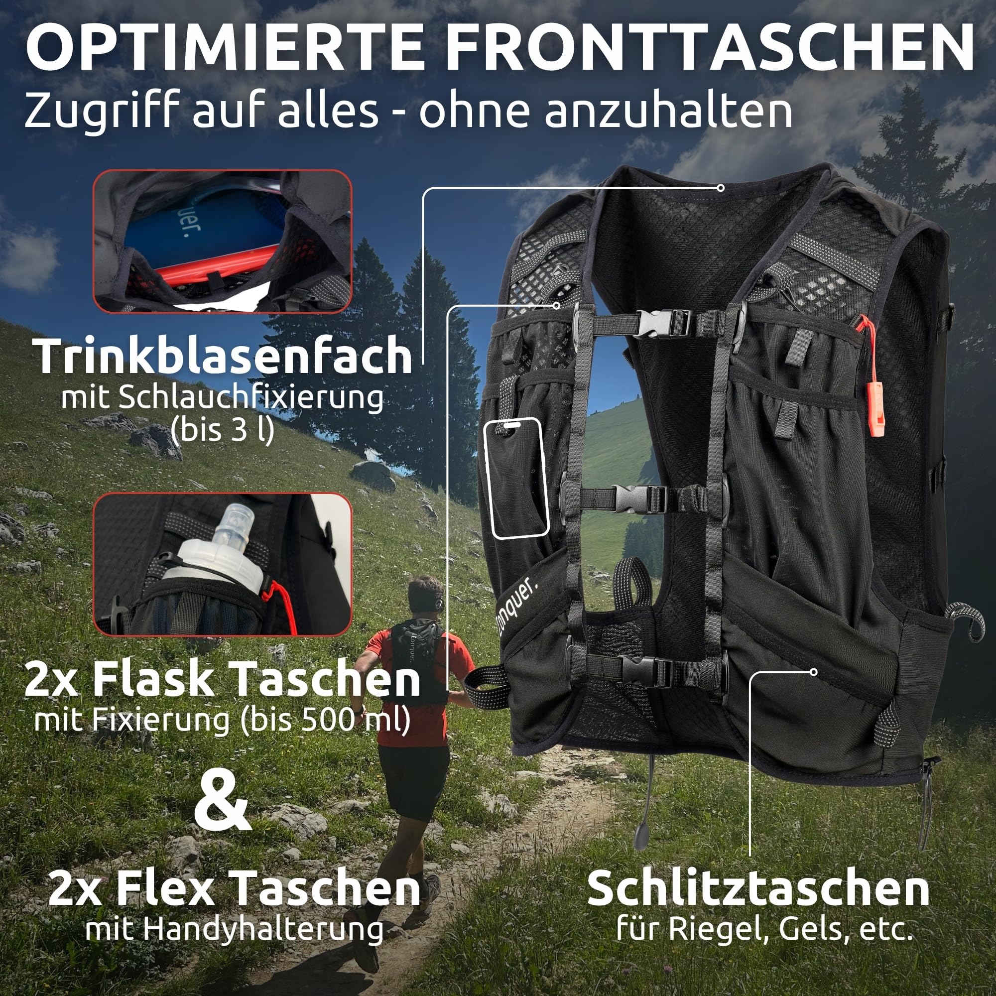 Conquer. Laufweste 15L mit 2L Trinkblase – Damen & Herren Trailrunning Rucksack mit Trinksystem | Laufrucksack für Marathon, Langstrecke & Joggen | Hydration Vest