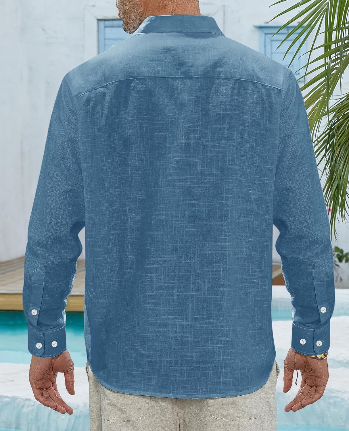 Herren Leinenhemden Freizeit Button Down Langarm Hemd Einfarbig Spread Hemden - Bild 49 von 57